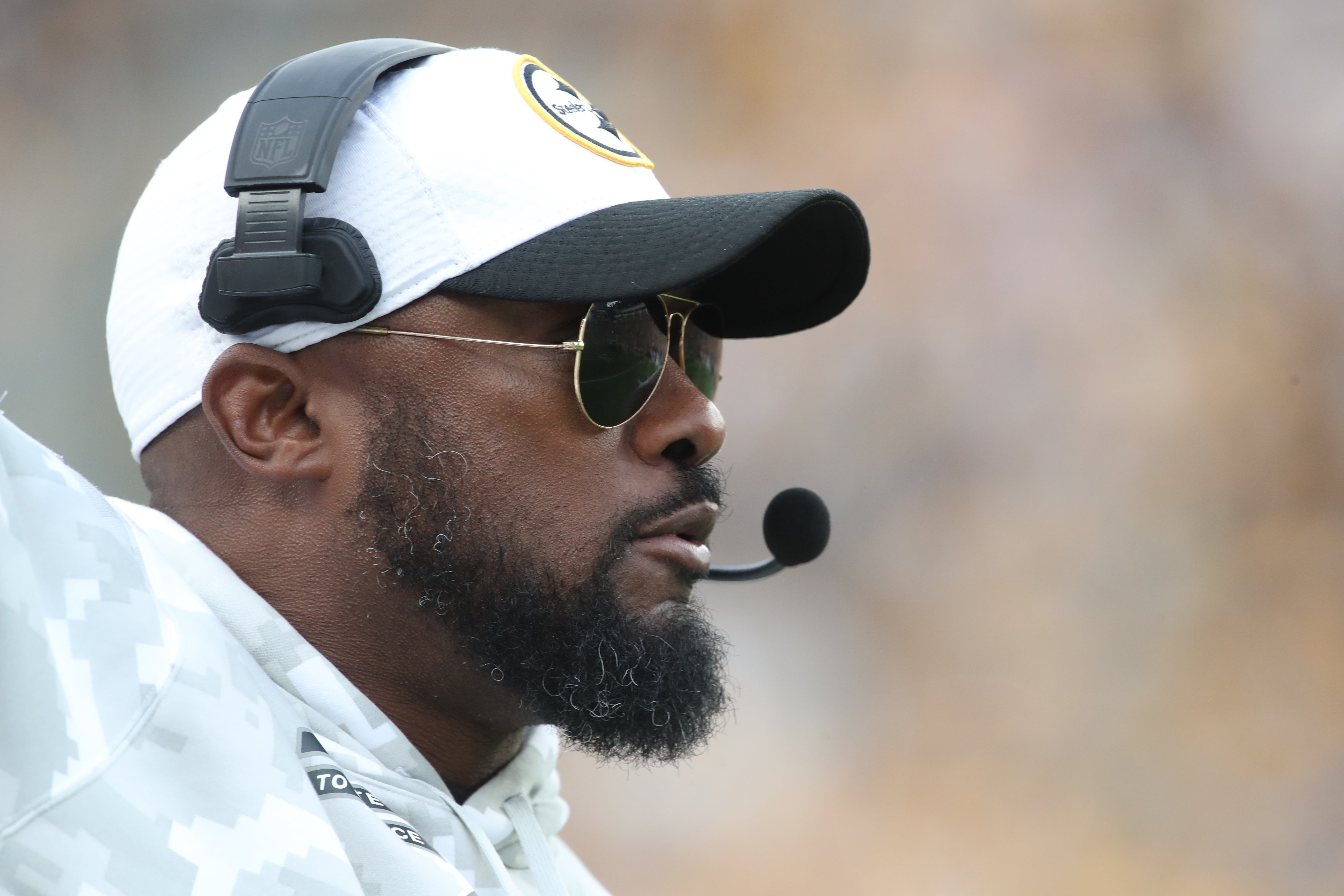 Nov 17, 2024; Pittsburgh, Pennsylvania, USA; Pittsburgh Steelers head coach Mike Tomlin looks on from the sidelines against the Baltimore Ravens during the fourth quarter at Acrisure Stadium.