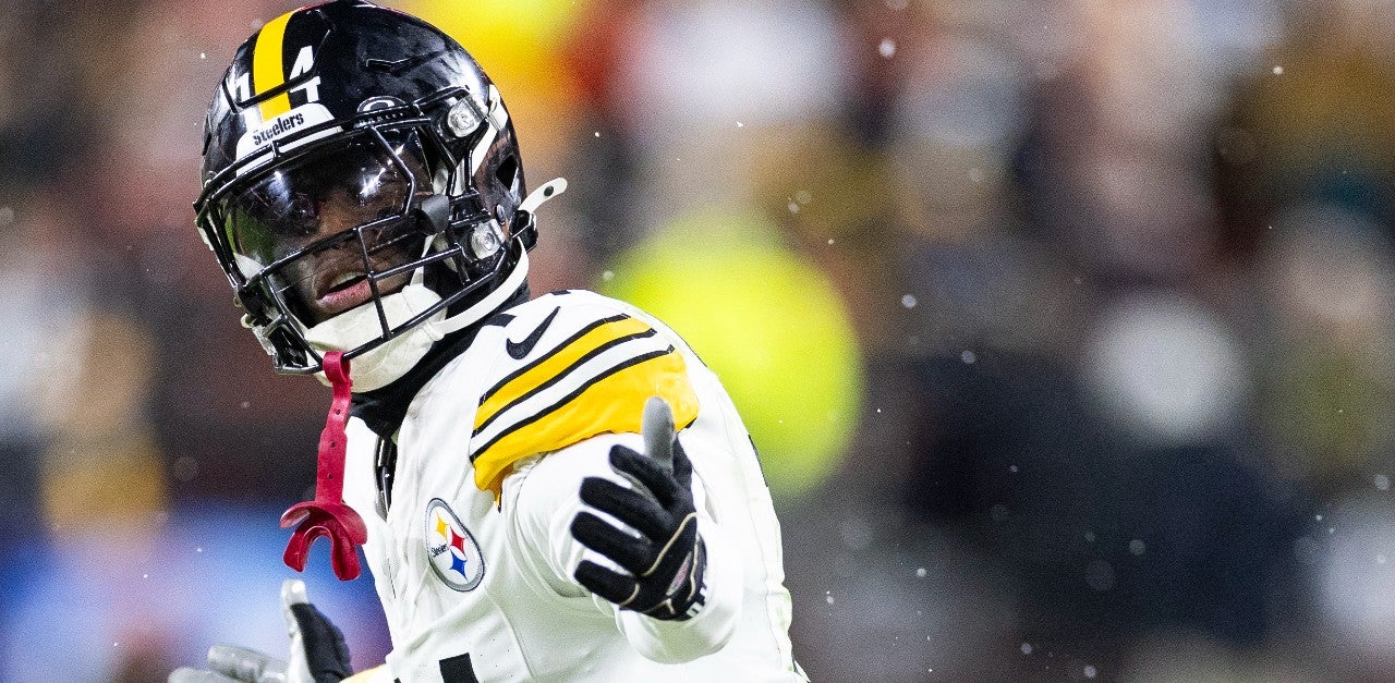 Nov 21, 2024; Cleveland, Ohio, USA; Pittsburgh Steelers wide receiver George Pickens (14) reacts during the second quarter against the Cleveland Browns at Huntington Bank Field Stadium.