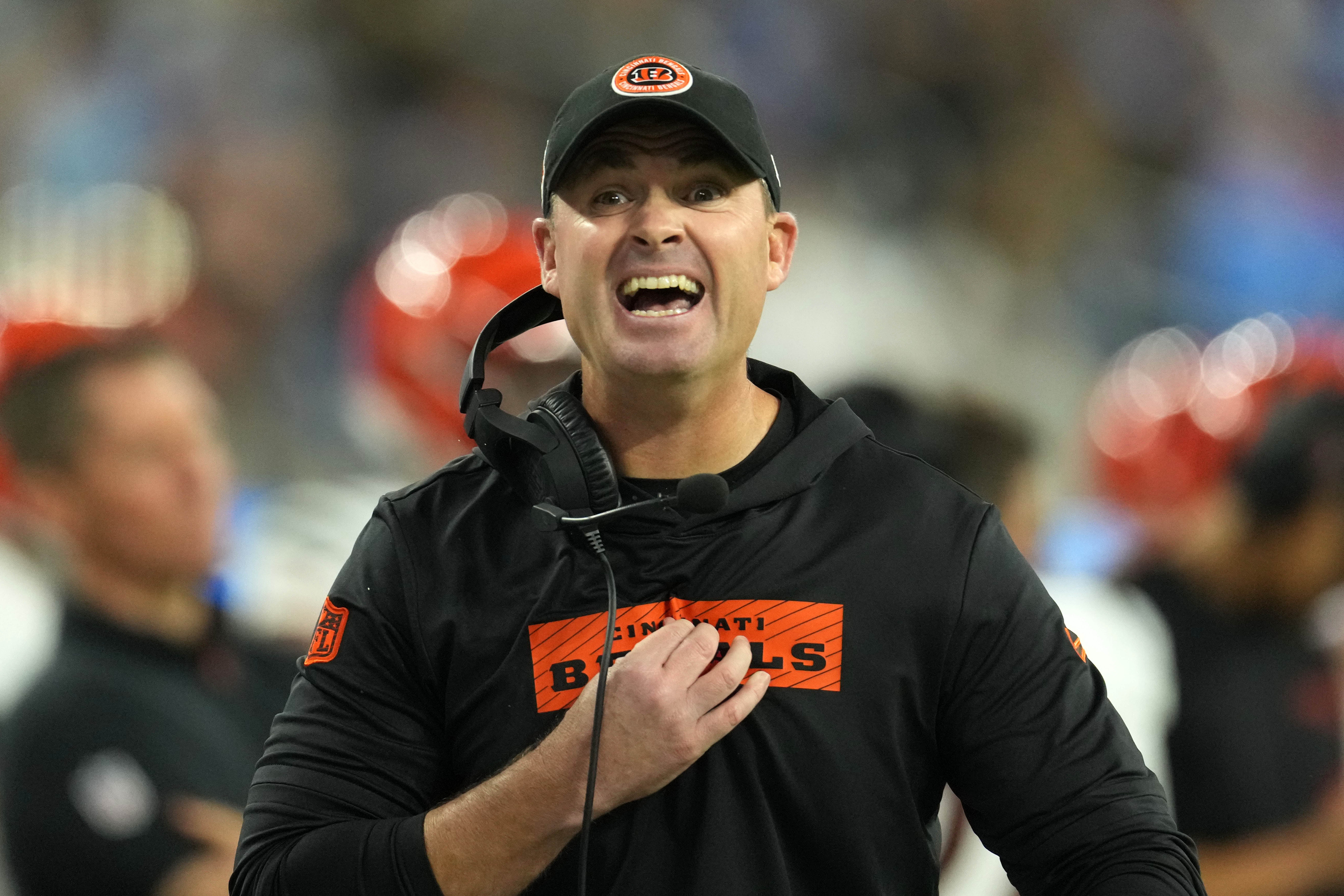 Nov 17, 2024; Inglewood, California, USA; Cincinnati Bengals coach Zac Taylor reacts against the Los Angeles Chargers in the first half at SoFi Stadium.