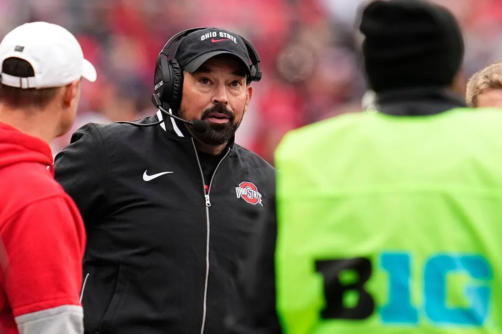 Ohio State Buckeyes head coach Ryan Day watches during the first half of the NCAA football game against the Indiana Hoosiers at Ohio Stadium in Columbus on Saturday, Nov. 23, 2024