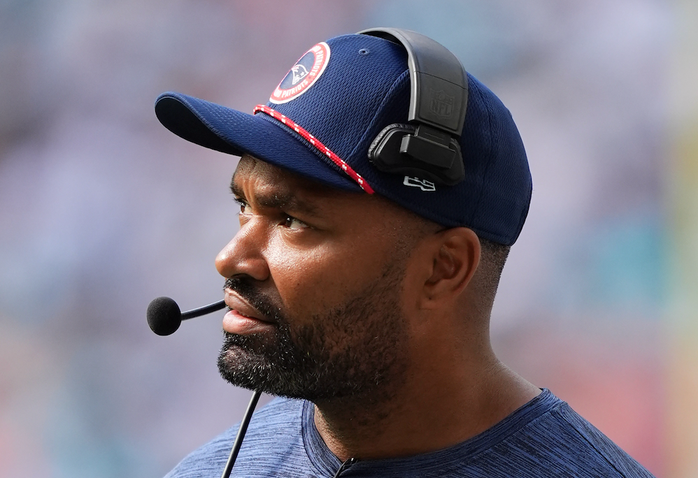 Nov 24, 2024; Miami Gardens, Florida, USA; New England Patriots head coach Jerod Mayo stands on the sideline during the first half against the Miami Dolphins at Hard Rock Stadium