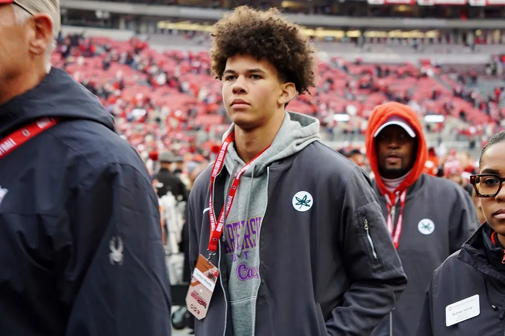 Jordyn Woods visits OSU the day of the Ohio State Buckeyes' 38-15 win over the Indiana Hoosiers in an NCAA football game at Ohio Stadium in Columbus on Saturday, Nov. 23, 2024