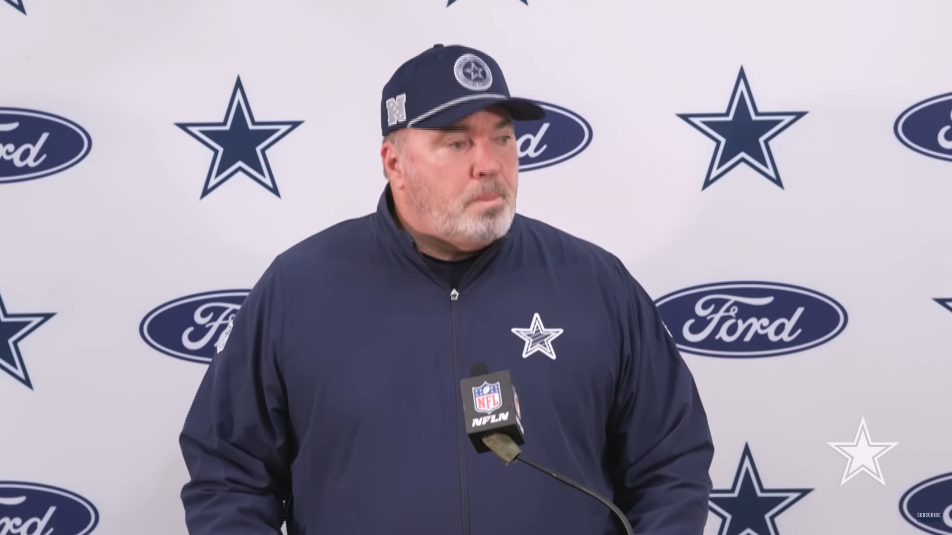 Dallas Cowboys HC Mike McCarthy talks to reporters postgame following win over Washington Commanders.