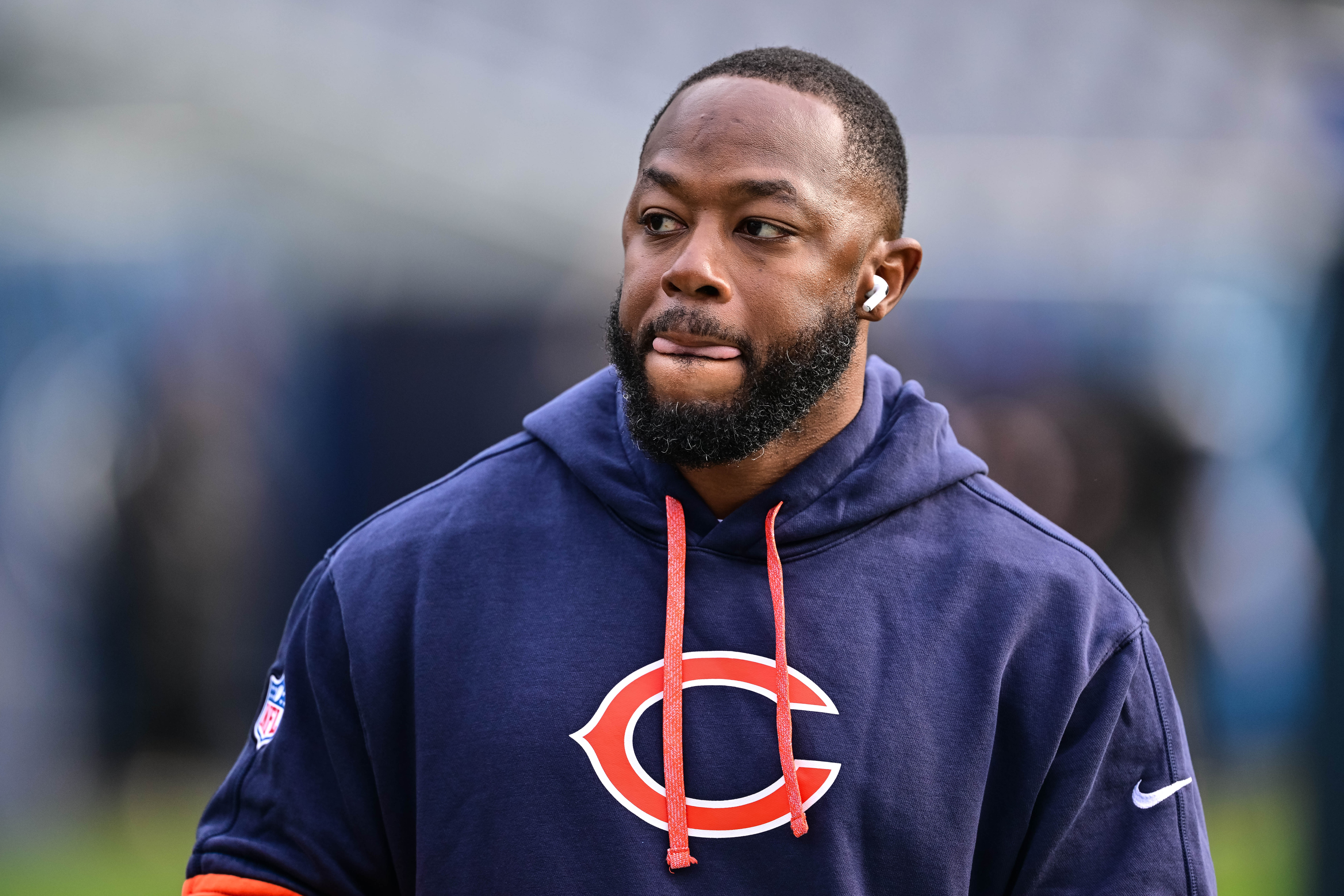 Nov 17, 2024; Chicago, Illinois, USA; Chicago Bears offensive coordinator Thomas Brown looks on before the game against the Green Bay Packers at Soldier Field.