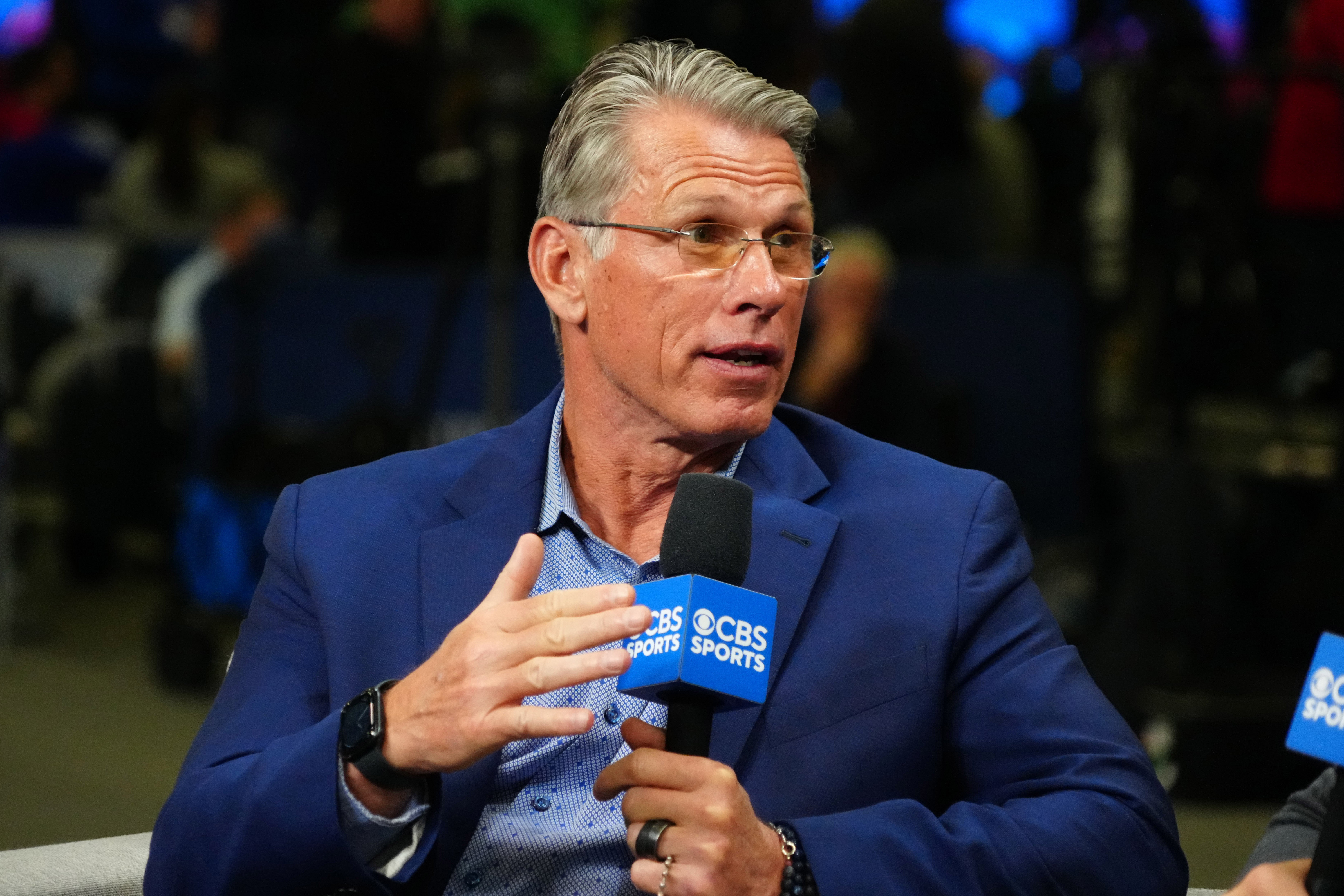 Feb 28, 2024; Indianapolis, IN, USA; Minnesota Vikings former general manager Rick Spielman on the CBS Sports set at the NFL Scouting Combine at Indiana Convention Center.