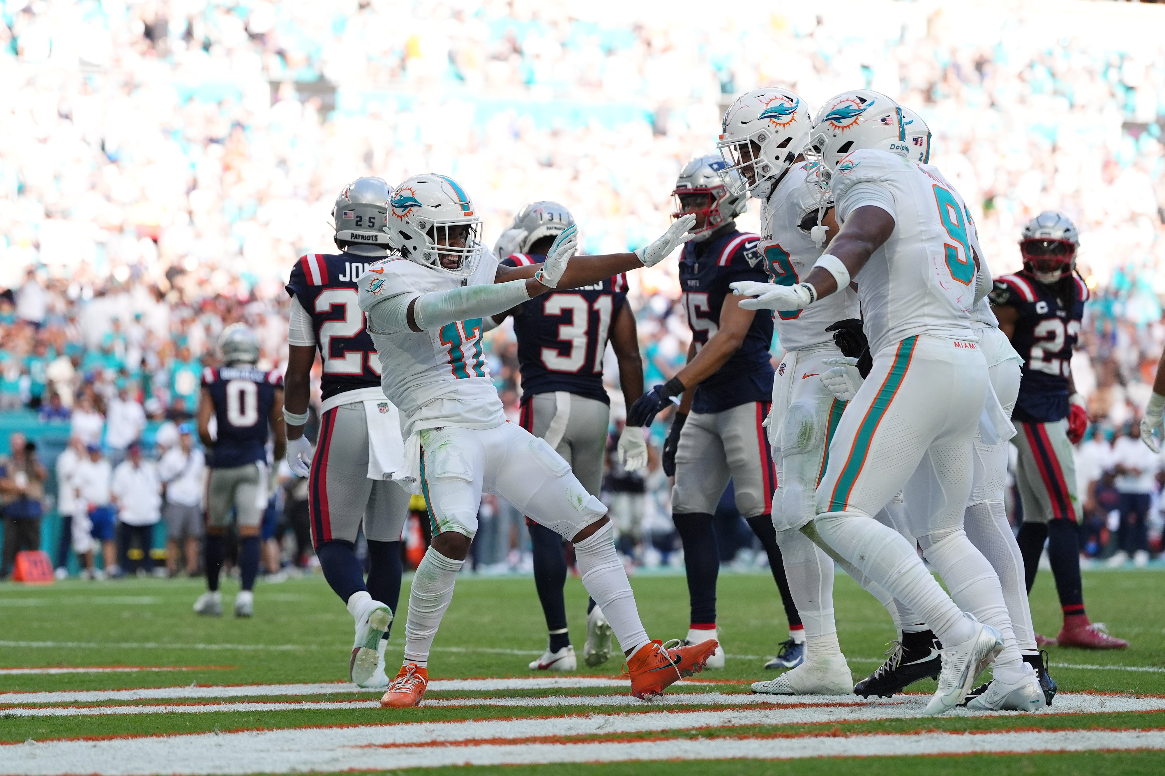 Nov 24, 2024; Miami Gardens, Florida, USA; Miami Dolphins wide receiver Jaylen Waddle (17) celebrates his touchdown against the New England Patriots with teammates on the field during the second half at Hard Rock Stadium.