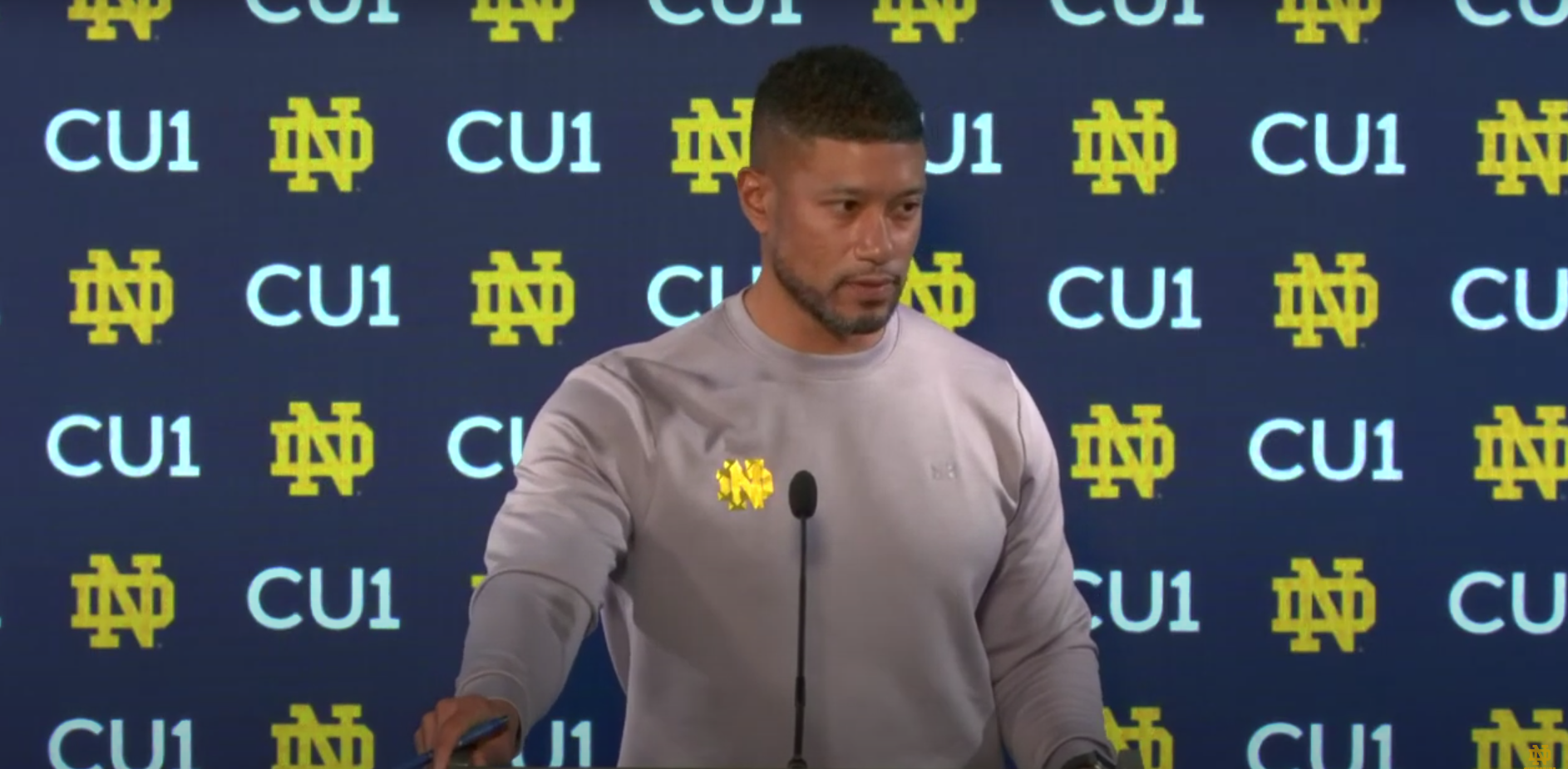 Notre Dame head coach Marcus Freeman speaks to the media