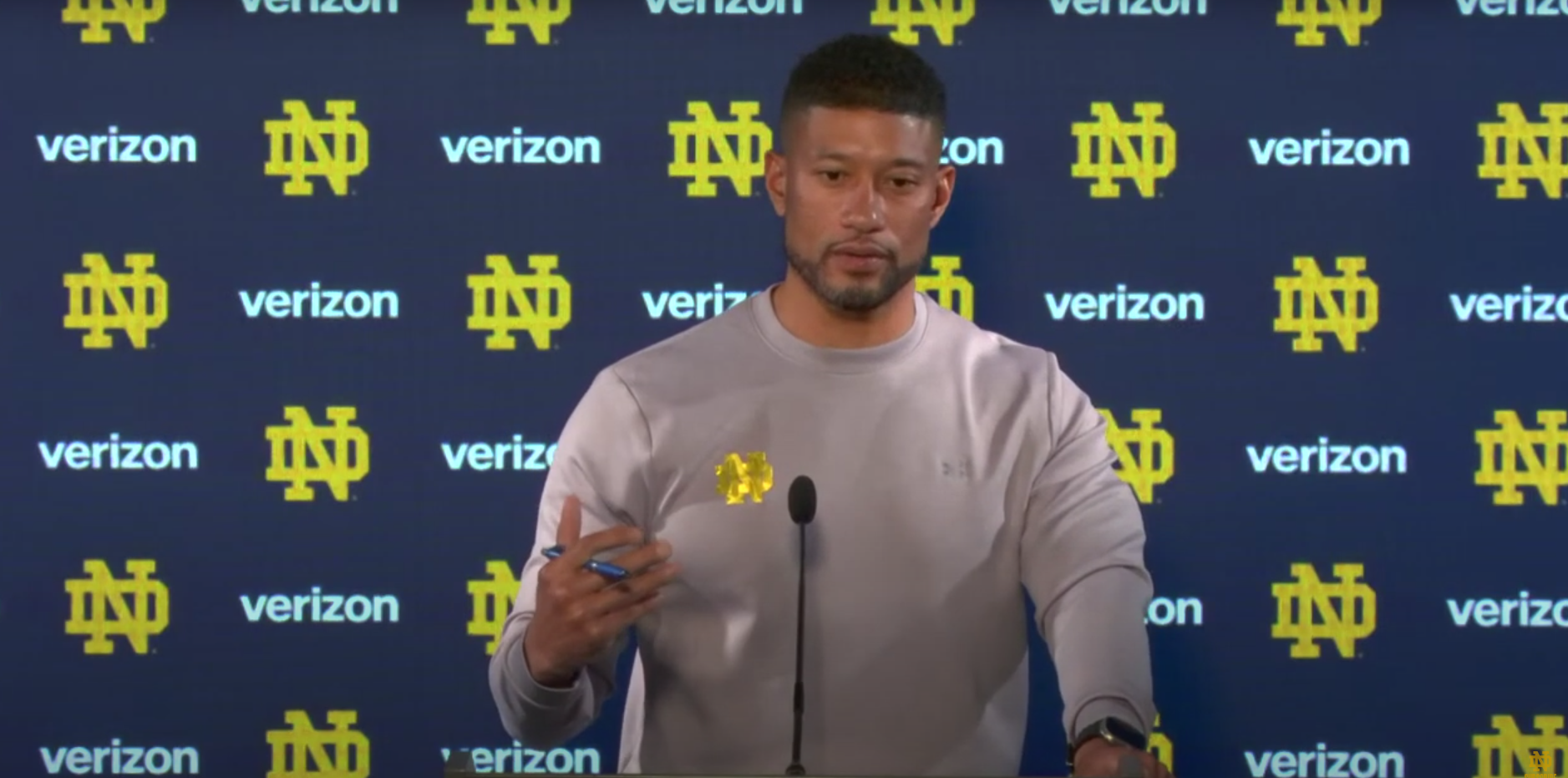 Notre Dame HC Marcus Freeman speaking to media