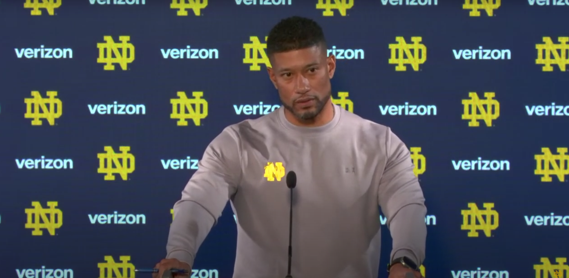 Notre Dame HC Marcus Freeman talking to the media