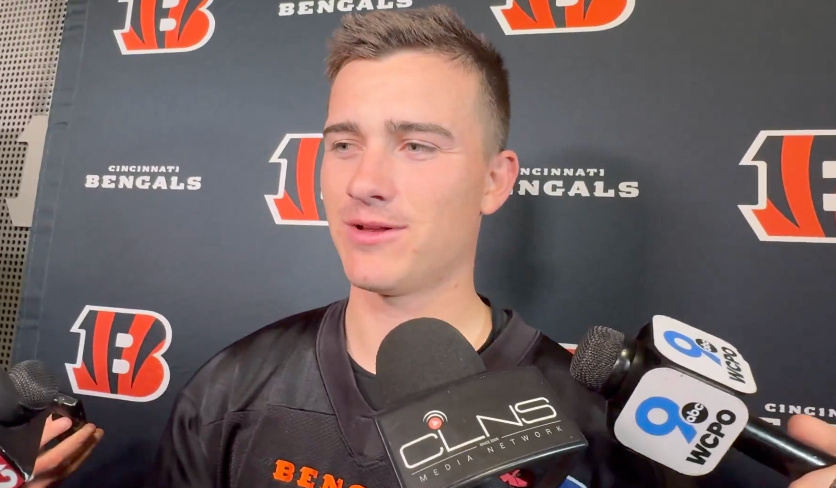 Cincinnati Bengals kicker Evan McPherson talks to reporters after practice on Monday, November 25, 2024.