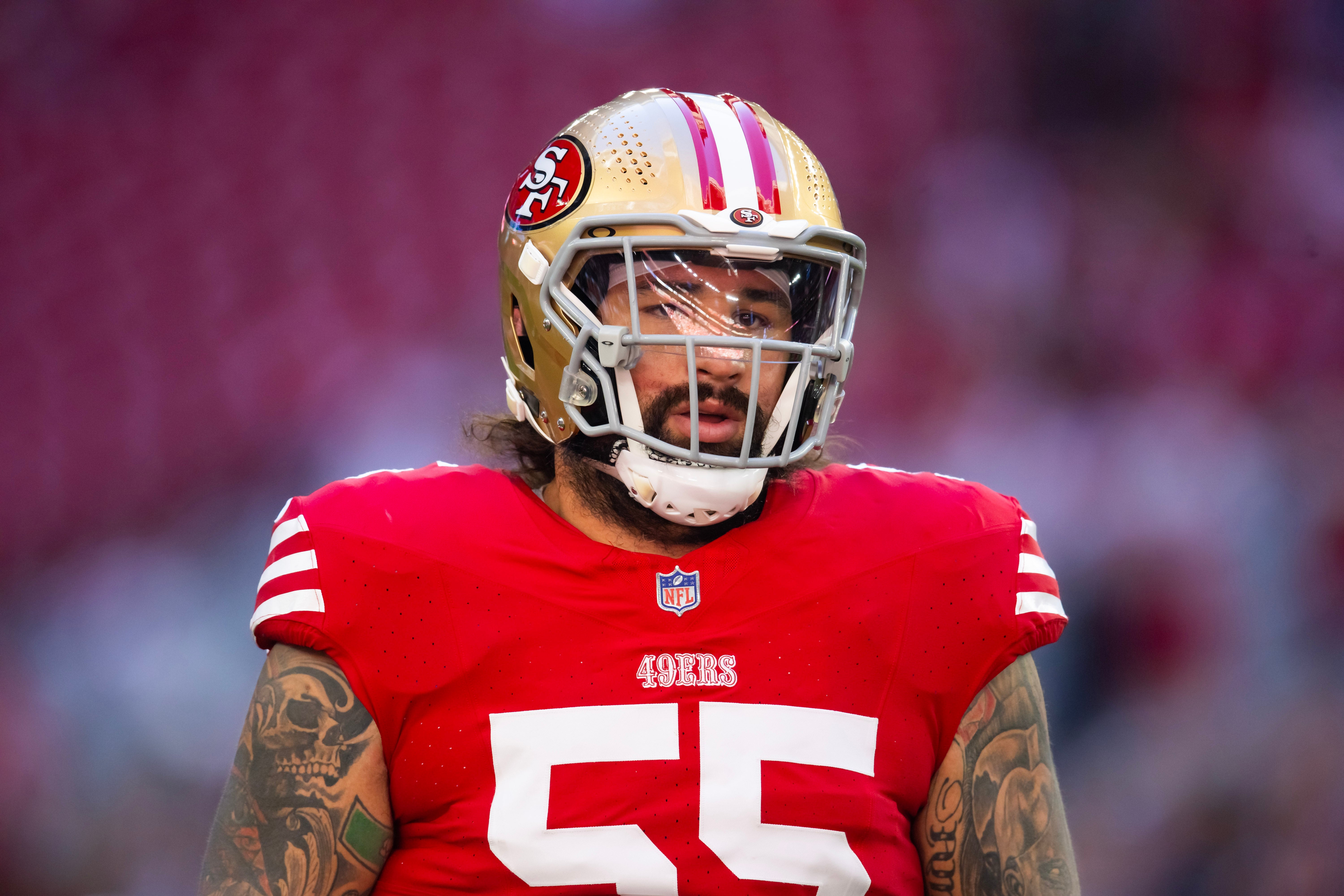 San Francisco 49ers guard Jon Feliciano (55) against the Arizona Cardinals at State Farm Stadium.