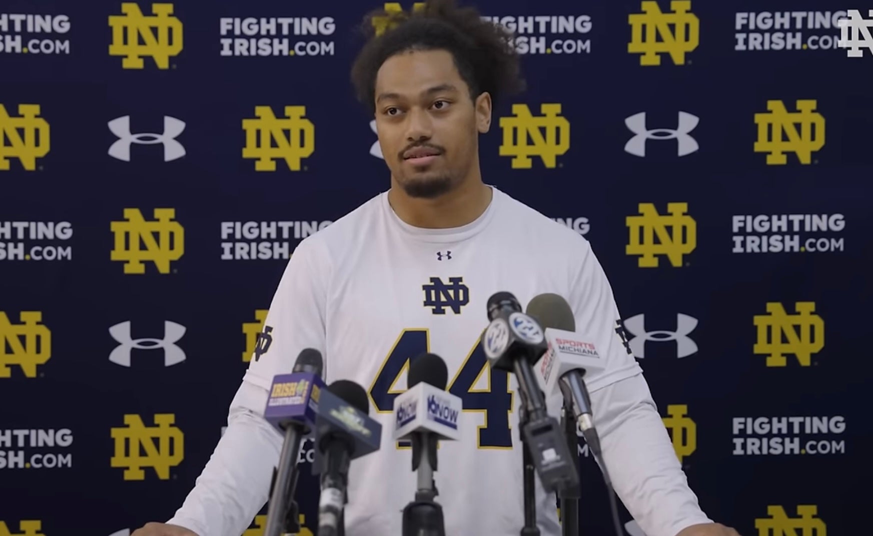 Notre Dame DE Junior Tuihalamaka speaks to the media on Monday