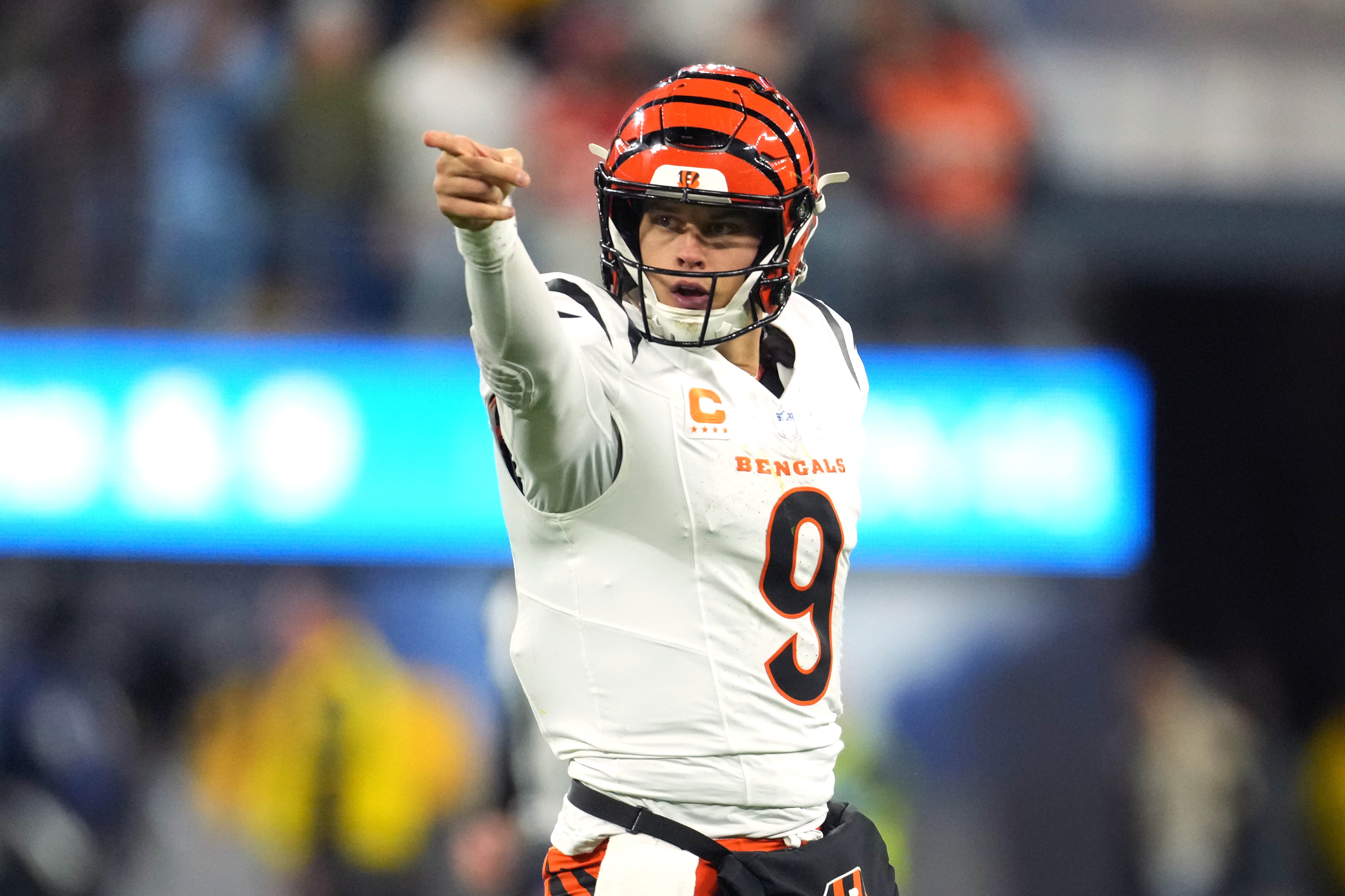 Nov 17, 2024; Inglewood, California, USA; Cincinnati Bengals quarterback Joe Burrow (9) gestures after a first down against the Los Angeles Chargers in the second half at SoFi Stadium.
