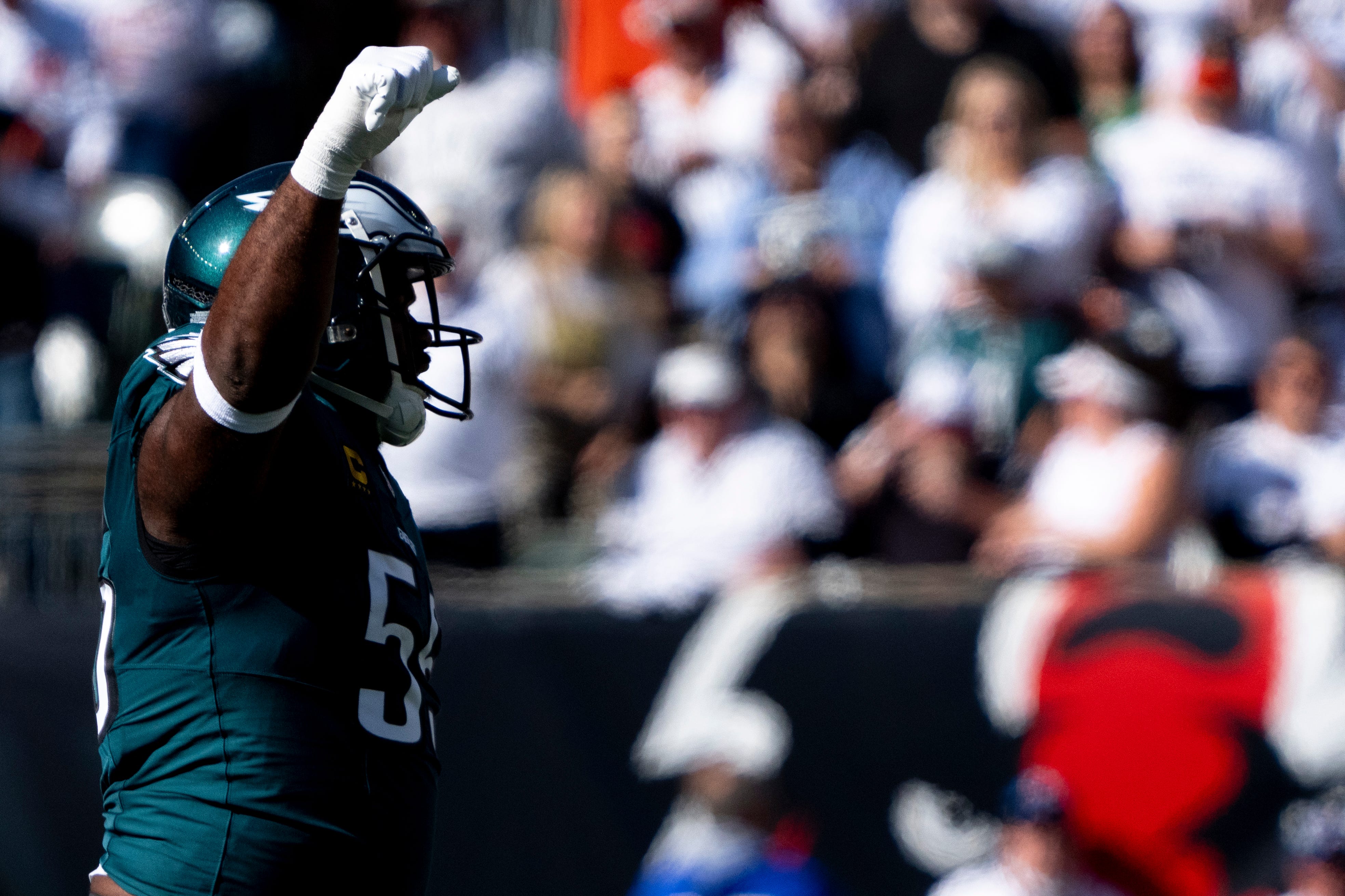 Philadelphia Eagles defensive end Brandon Graham (55) reacts to a missed field goal in the second quarter of the NFL game against the Cincinnati Bengals at Paycor Stadium in Cincinnati on Sunday, Oct.