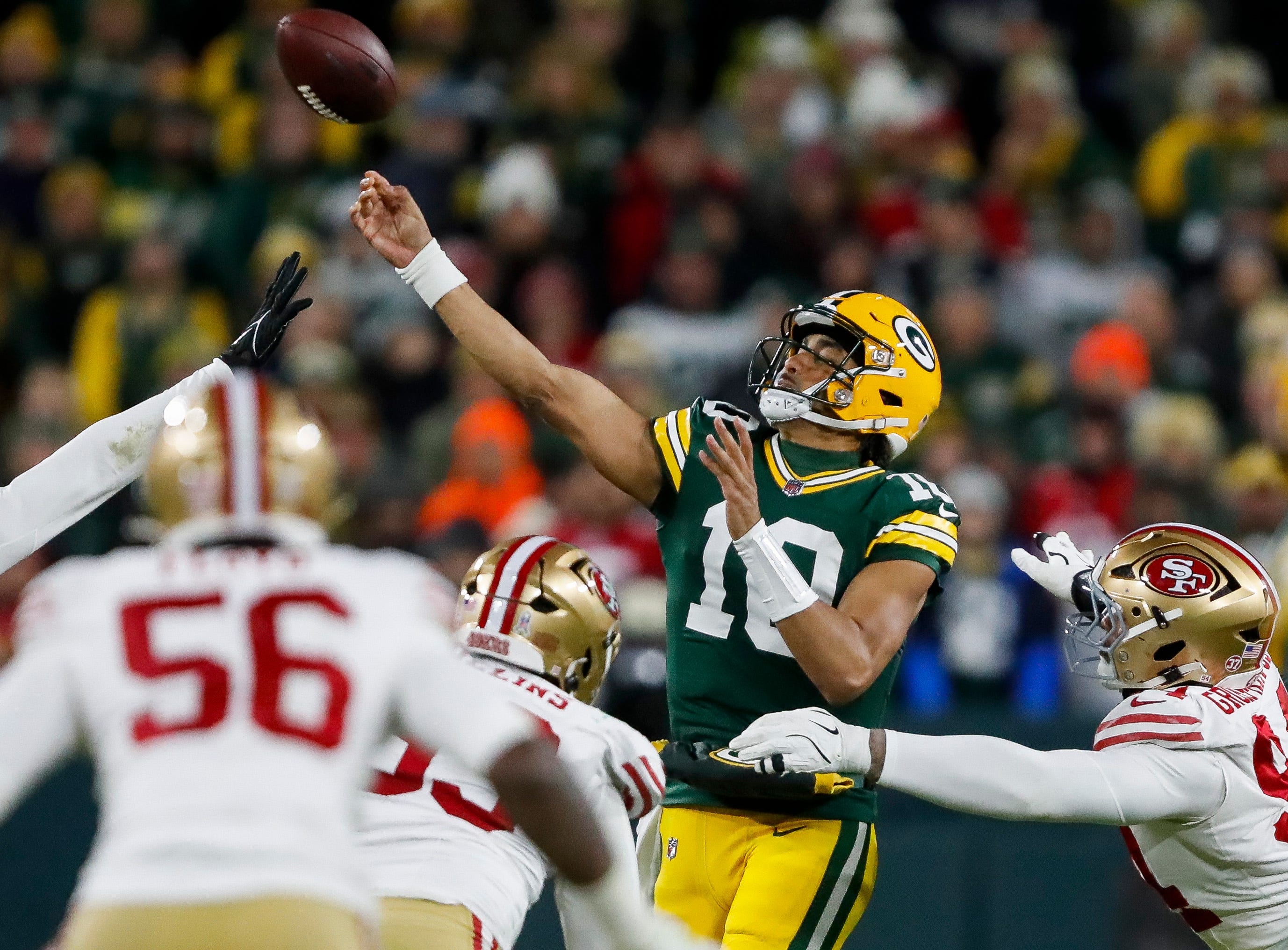 Green Bay Packers quarterback Jordan Love (10) passes the ball against the San Francisco 49ers on Sunday, November 24, 2024, at Lambeau Field in Green Bay, Wis. The Packers won the game, 38-10.