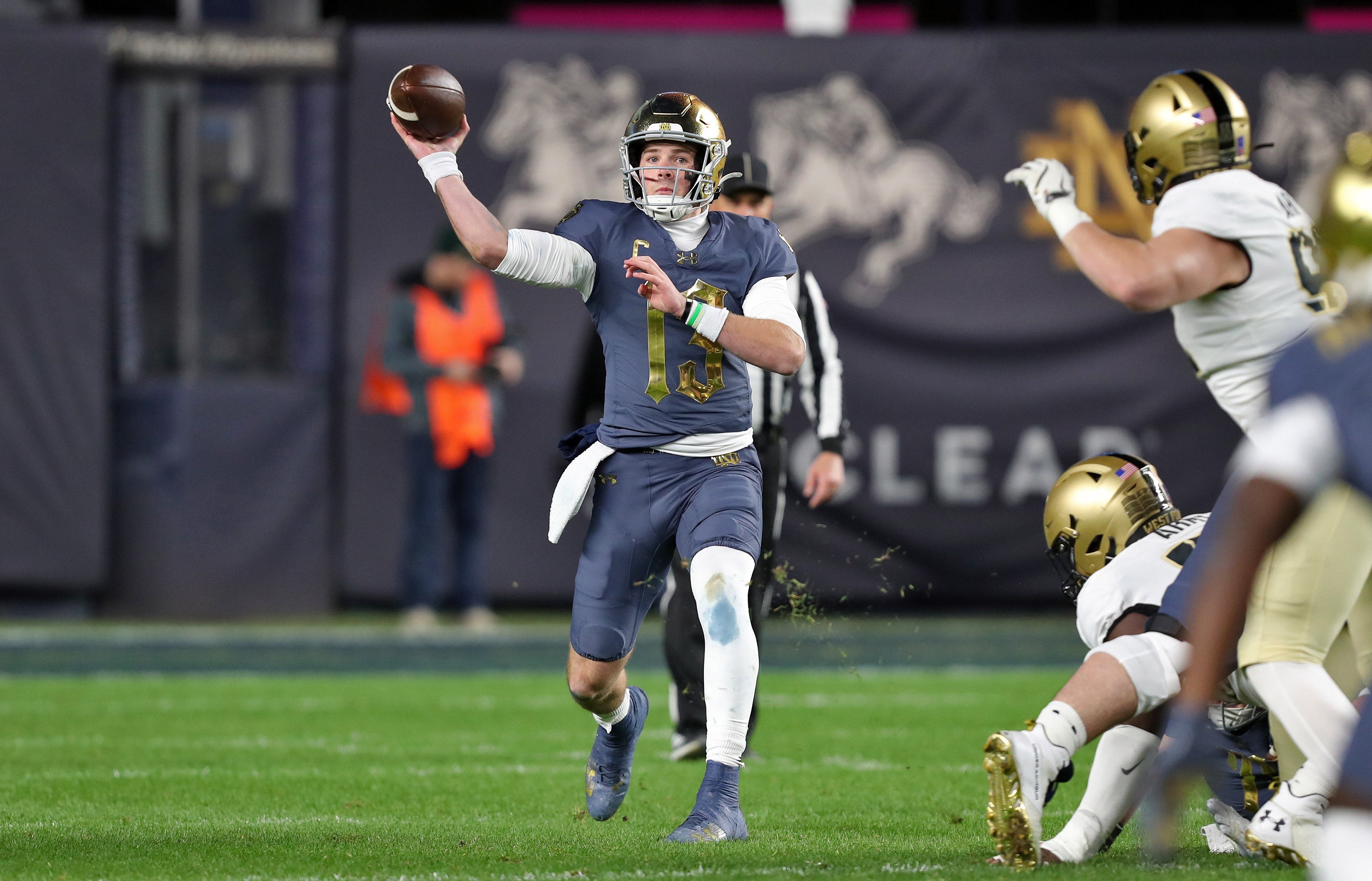 Notre Dame Fighting Irish quarterback Riley Leonard (13) throws a pass against the Army Black Knights during the first half at Yankee Stadium.