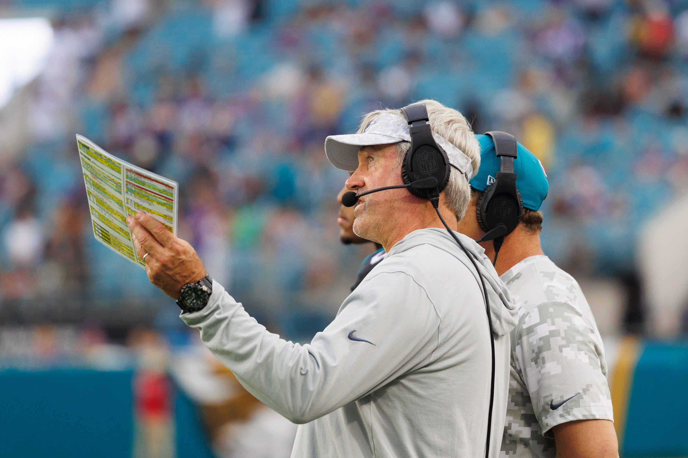 Nov 10, 2024; Jacksonville, Florida, USA; Jacksonville Jaguars head coach Doug Pederson watches a replay against the Minnesota Vikings during the third quarter at EverBank Stadium.