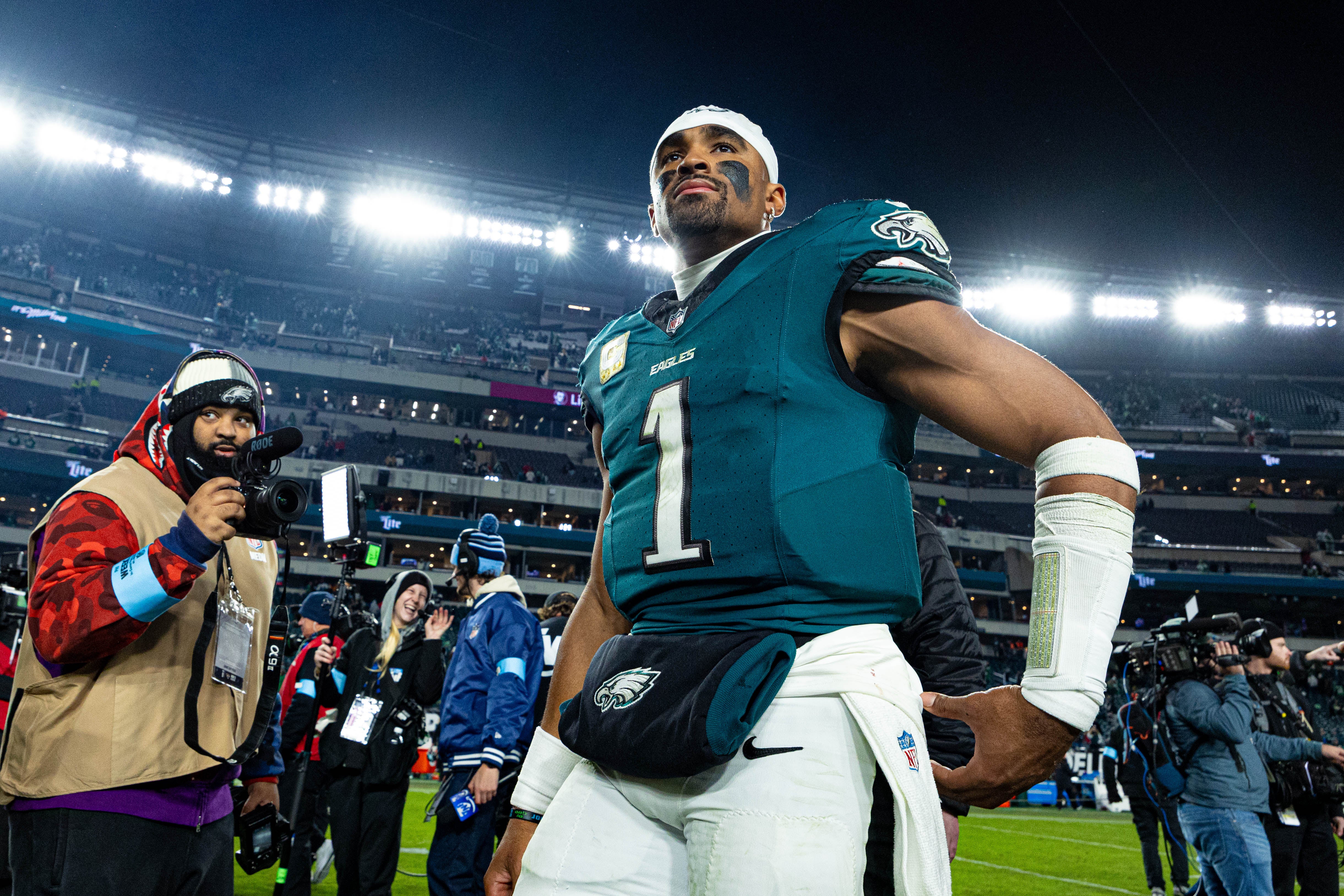 Philadelphia Eagles quarterback Jalen Hurts (1) looks on after a victory against the Washington Commanders at Lincoln Financial Field.