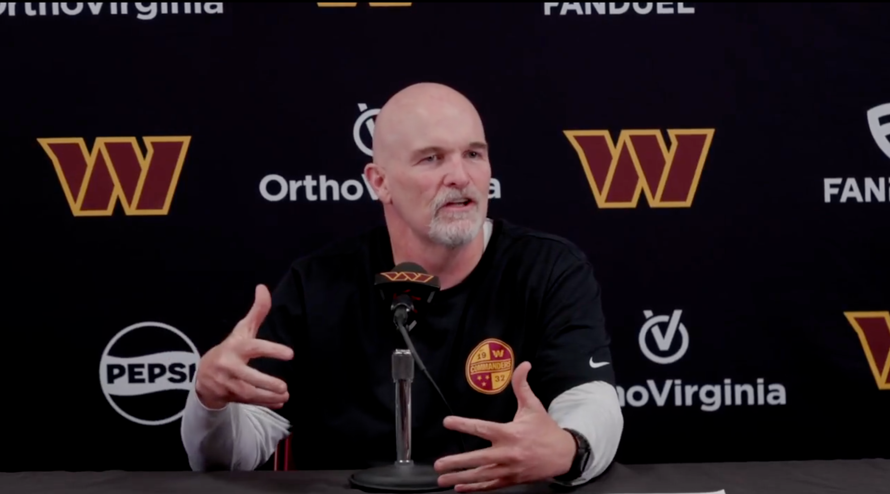 Dan Quinn during Commanders' Wednesday press conference ahead of Week 13 matchup against Titans.