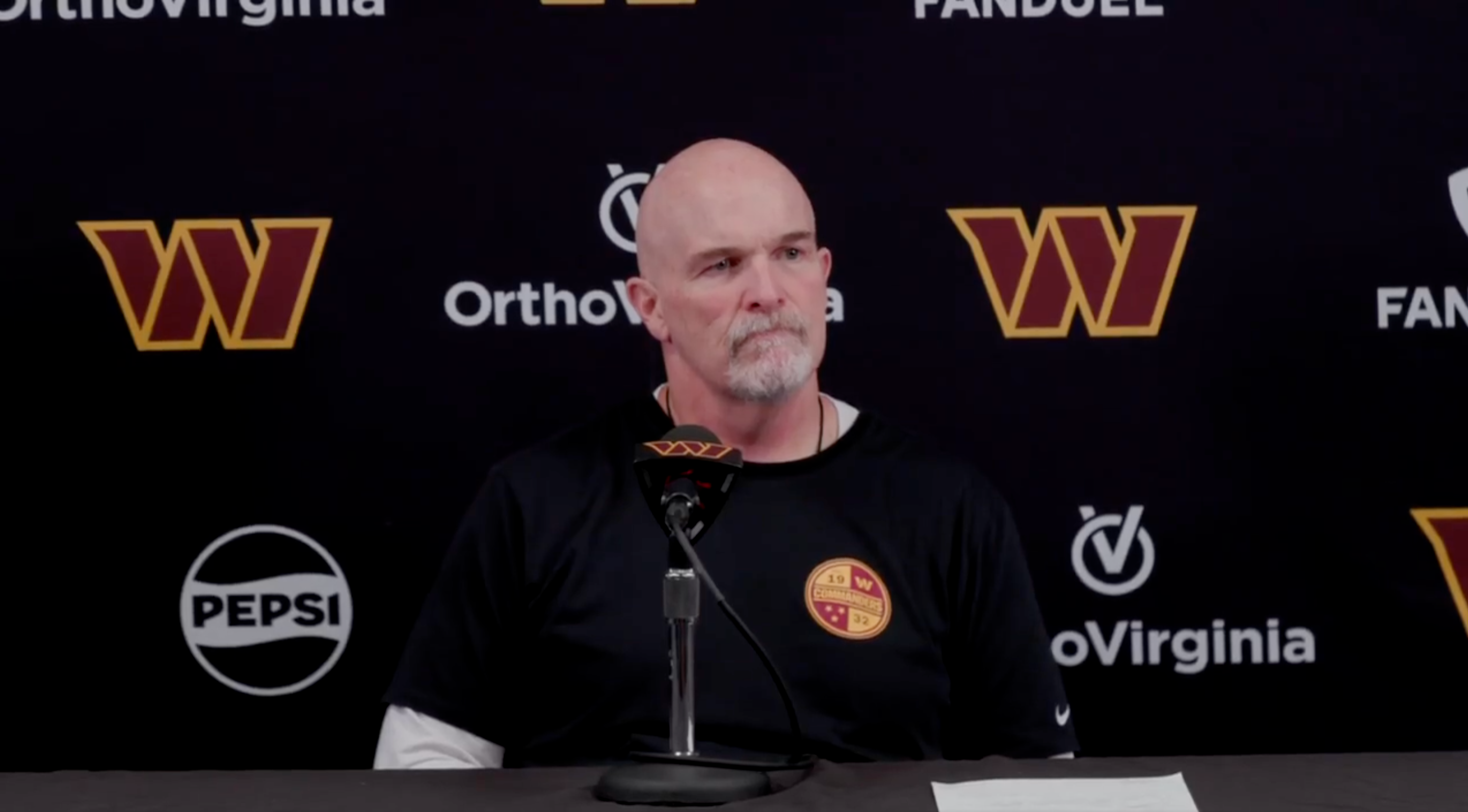 Dan Quinn during a Wednesday press conference ahead of the Commanders' Week 13 matchup against Titans.