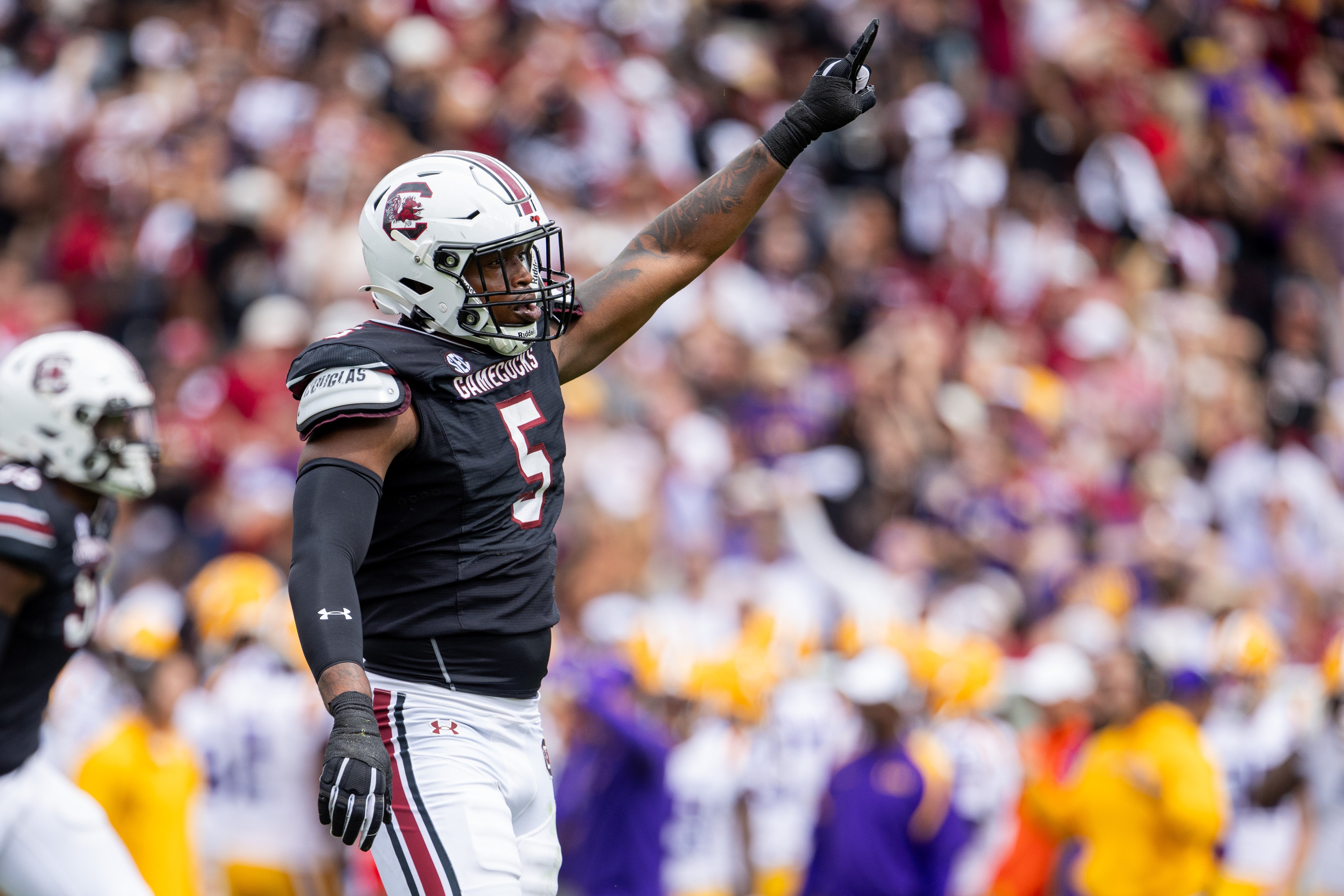 South Carolina Gamecocks edge Kyle Kennard (5) celebrates after a fourth down stop against the LSU Tigers in the third quarter at Williams-Brice Stadium.