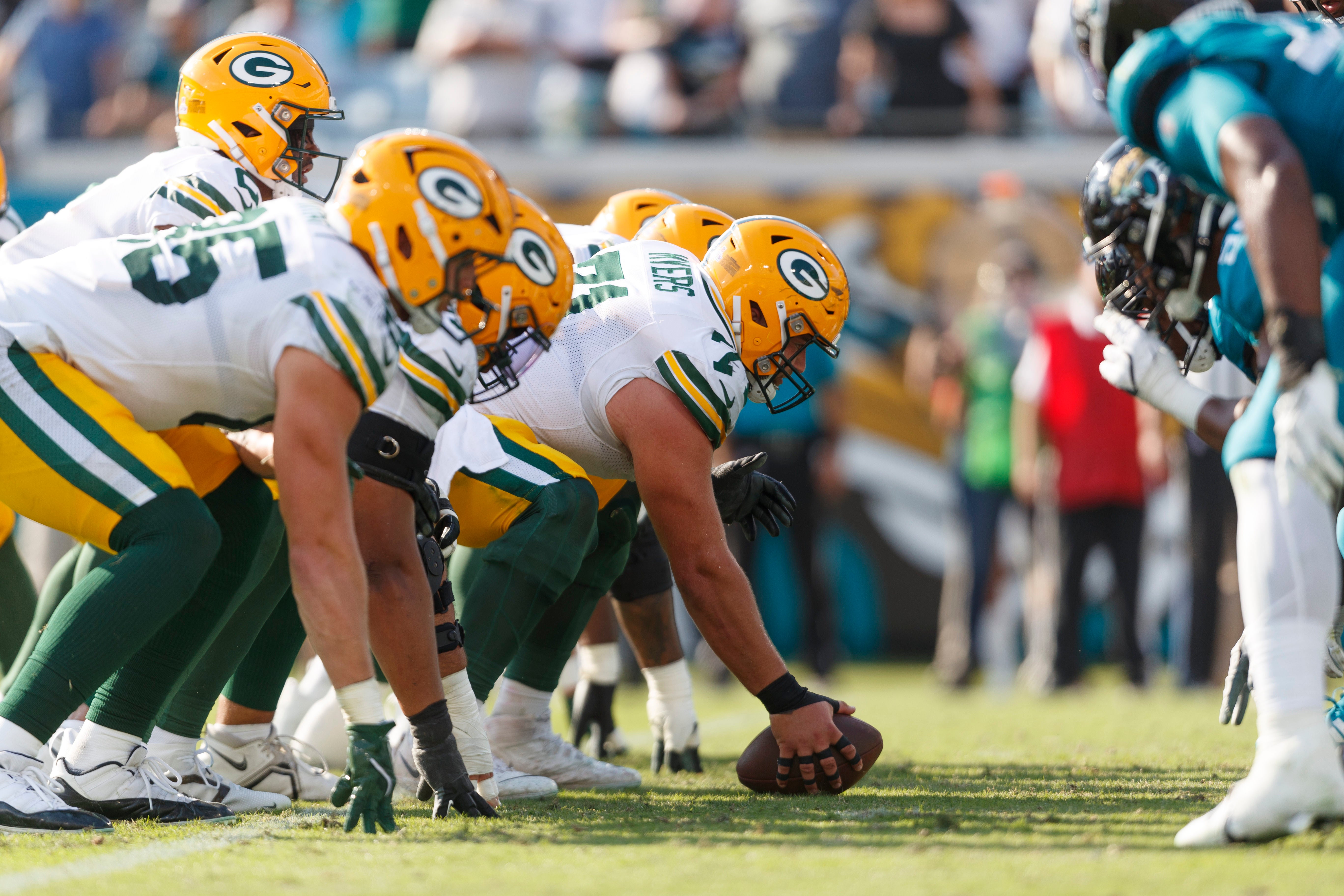 Green Bay Packers center Josh Myers (71) and the offensive line line up for the snap against the Jacksonville Jaguars during the fourth quarter at EverBank Stadium.