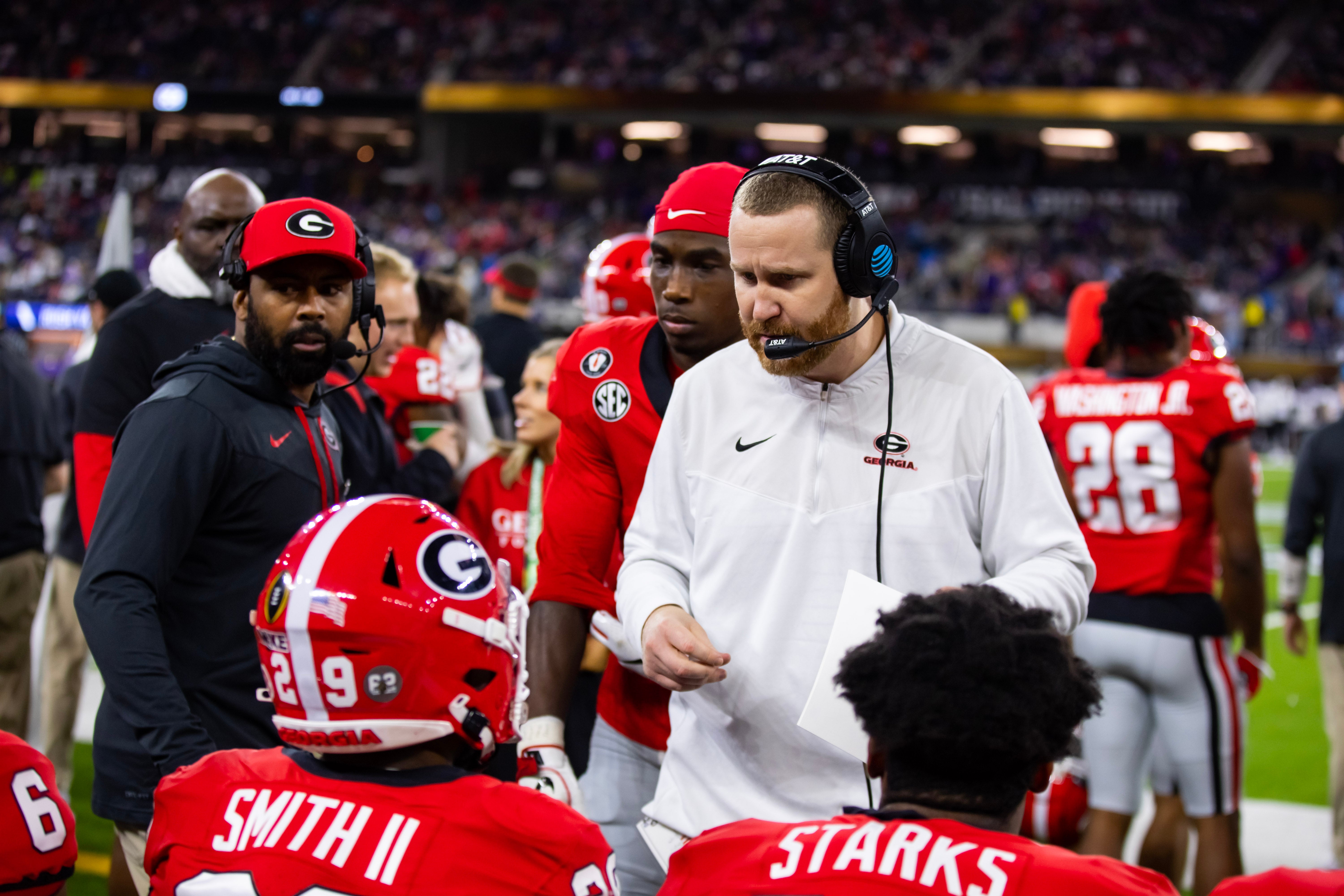 Georgia Bulldogs co-defensive coordinator and linebackers coach Glenn Schumann against the TCU Horned Frogs during the CFP national championship game at SoFi Stadium.