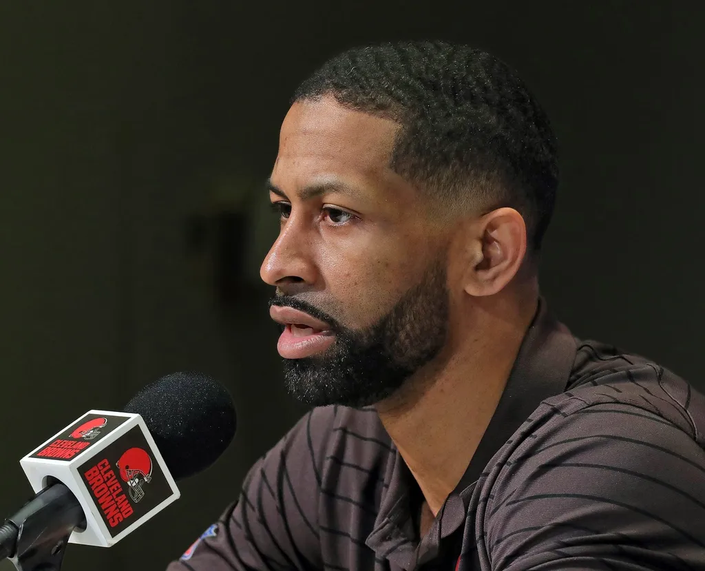 Cleveland Browns general manager Andrew Berry responds to questions during Watson's introductory press conference at the Cleveland Browns Training Facility on March 25, 2022