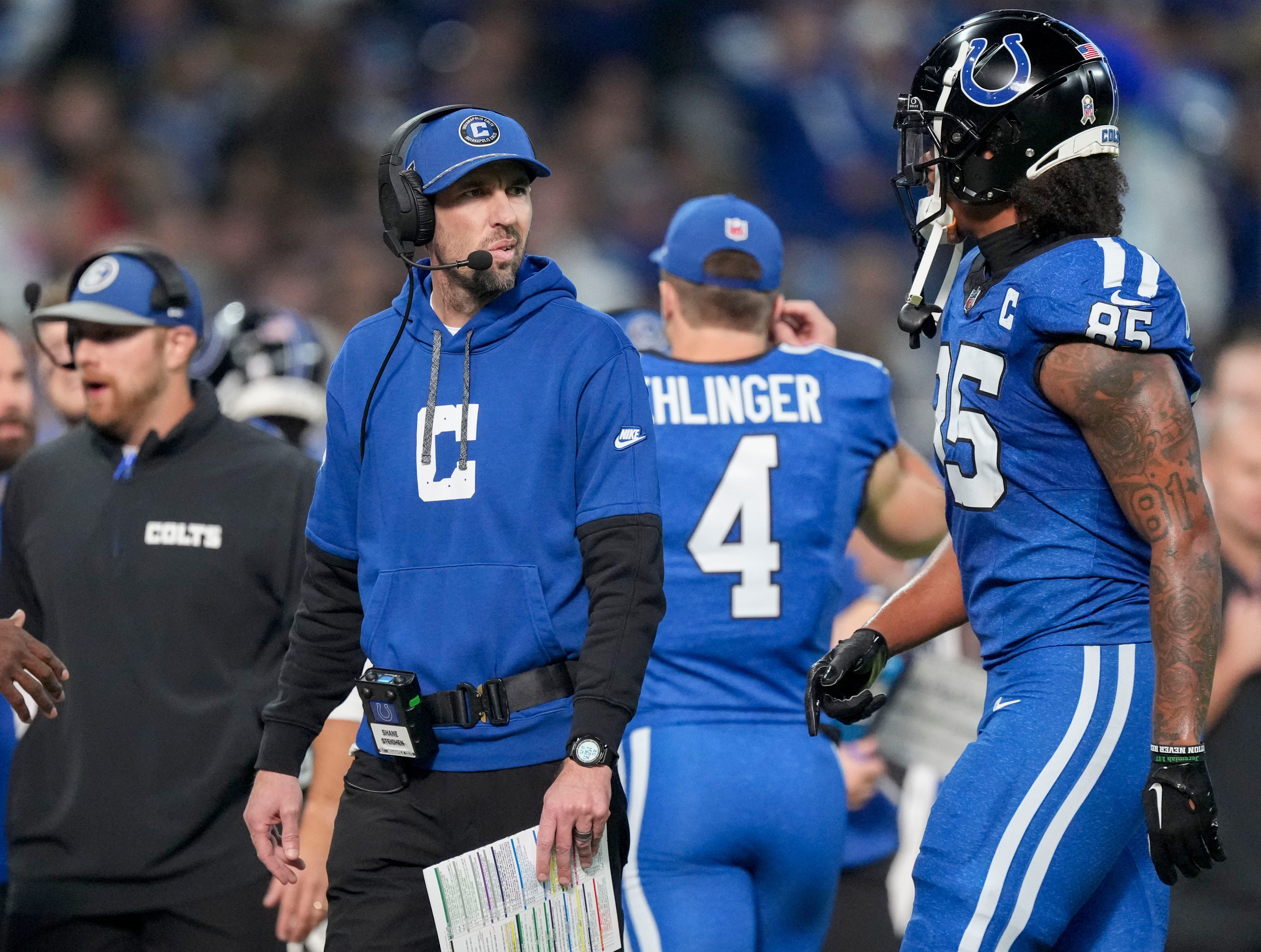 Indianapolis Colts head coach Shane Steichen watches the action on the field Sunday, Nov. 24, 2024, during a game against the Detroit Lions at Lucas Oil Stadium in Indianapolis.