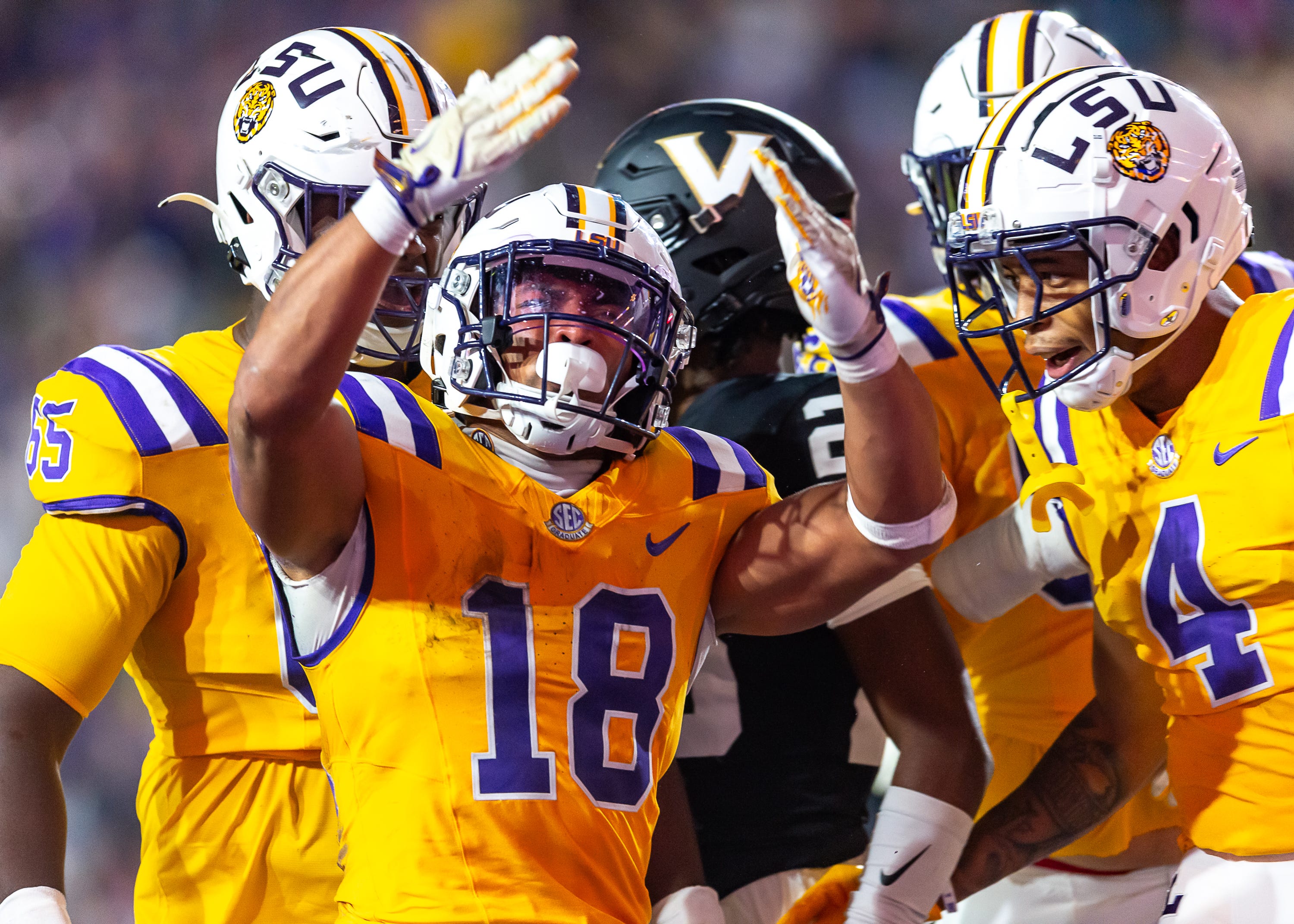 Runningback Josh Williams 18 scores a touchdown as the LSU Tigers take on the Vanderbilt Commodores. Nov 23, 2024; Baton Rouge, Louisiana, USA; at Tiger Stadium.