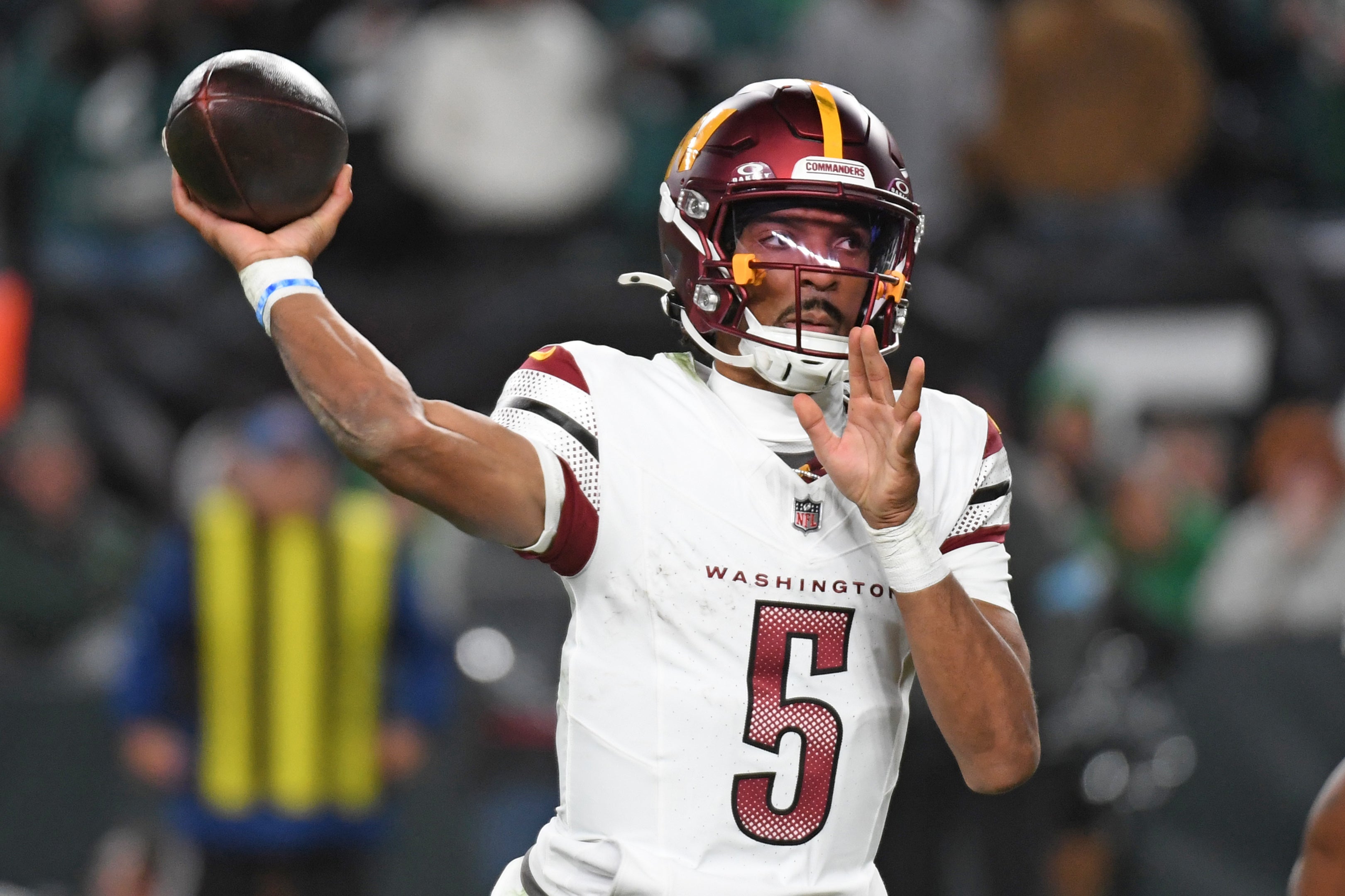 Nov 14, 2024; Philadelphia, Pennsylvania, USA; Washington Commanders quarterback Jayden Daniels (5) against the Philadelphia Eagles at Lincoln Financial Field.