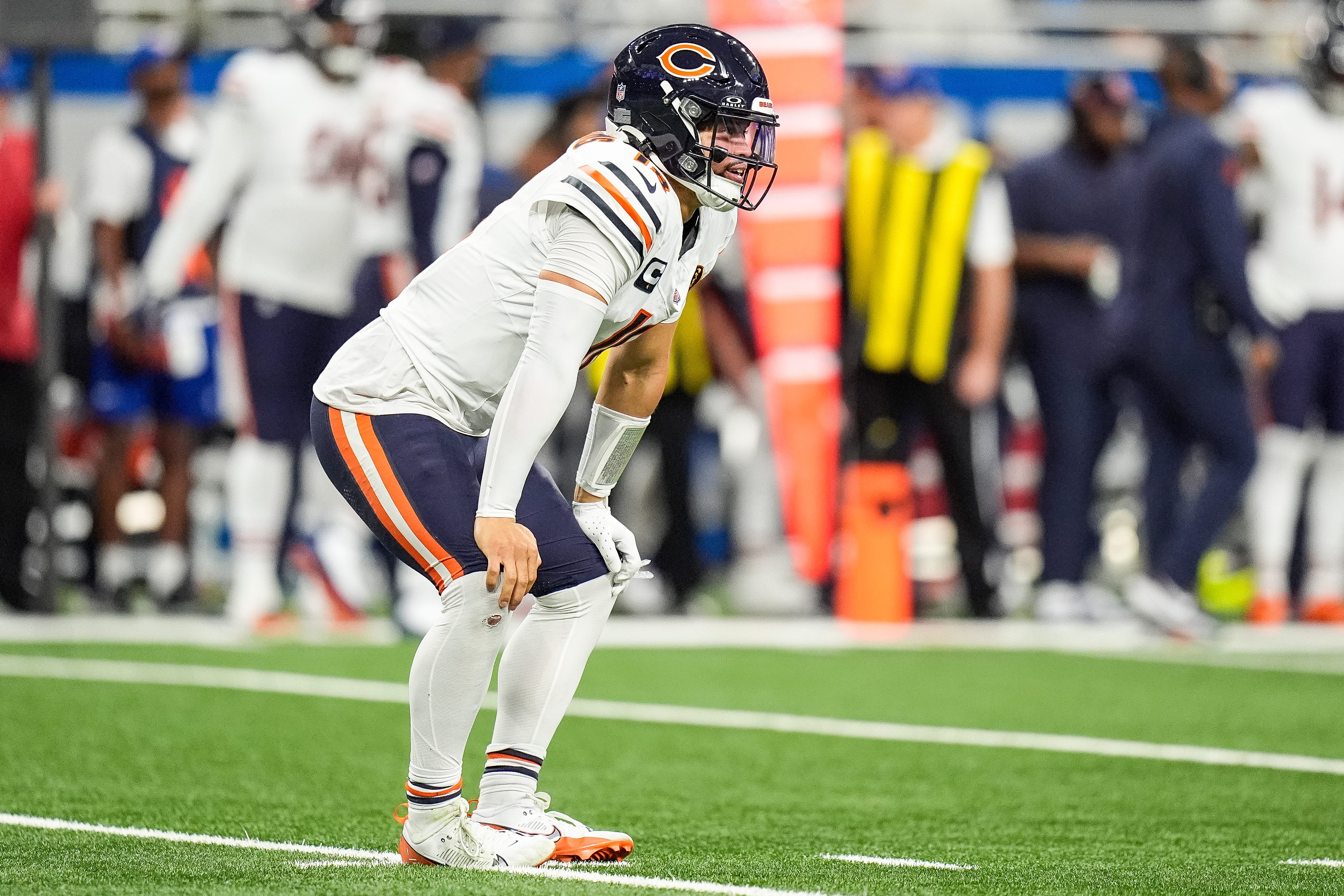 Chicago Bears quarterback Caleb Williams (18) reacts to a failed fourth down conversion against Detroit Lions during the first half at Ford Field in Detroit on Thursday, Nov. 28, 2024.  