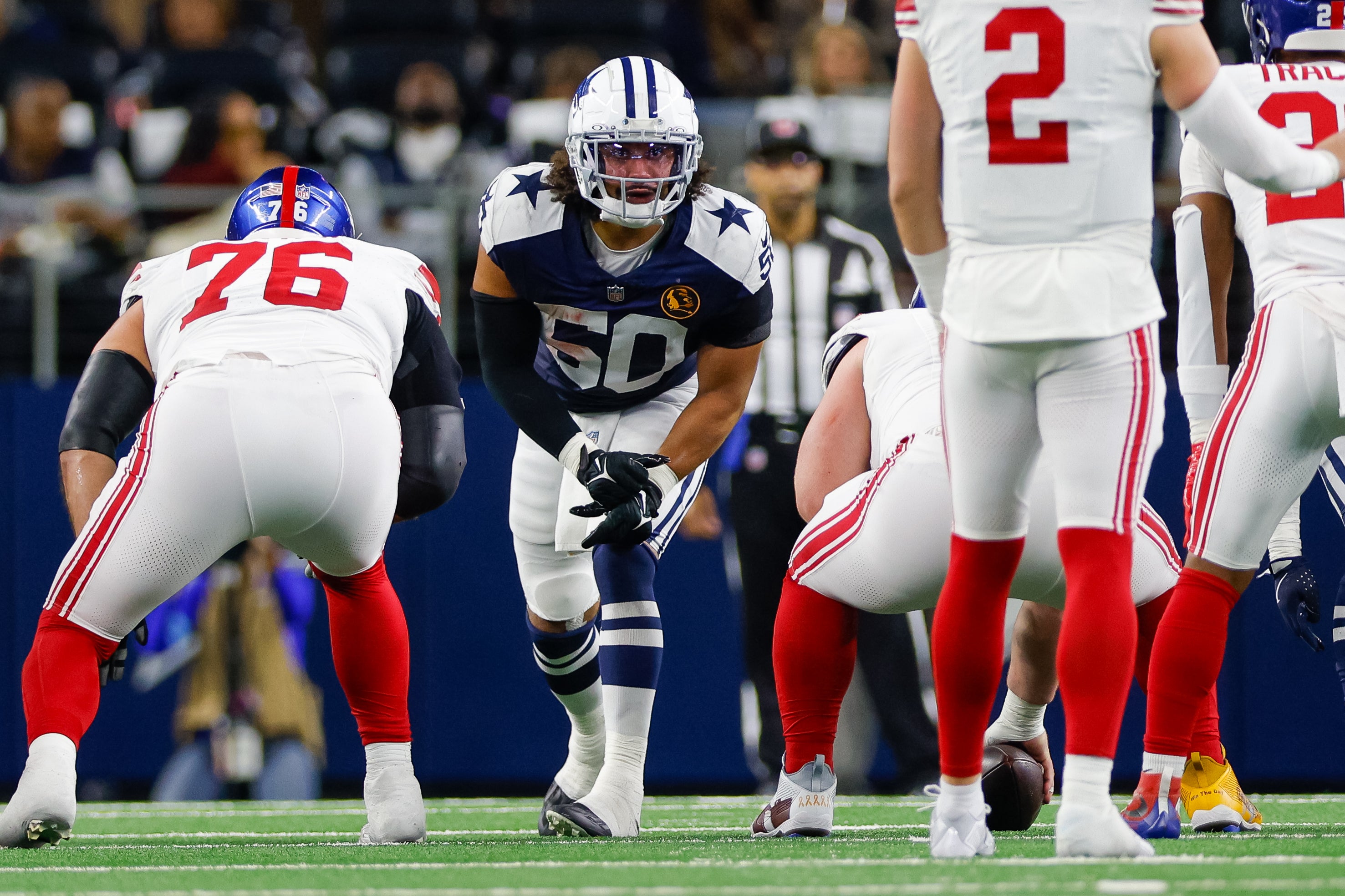 Dallas Cowboys linebacker Eric Kendricks (50) lines up against the New York Giants during the second quarter at AT&T Stadium.