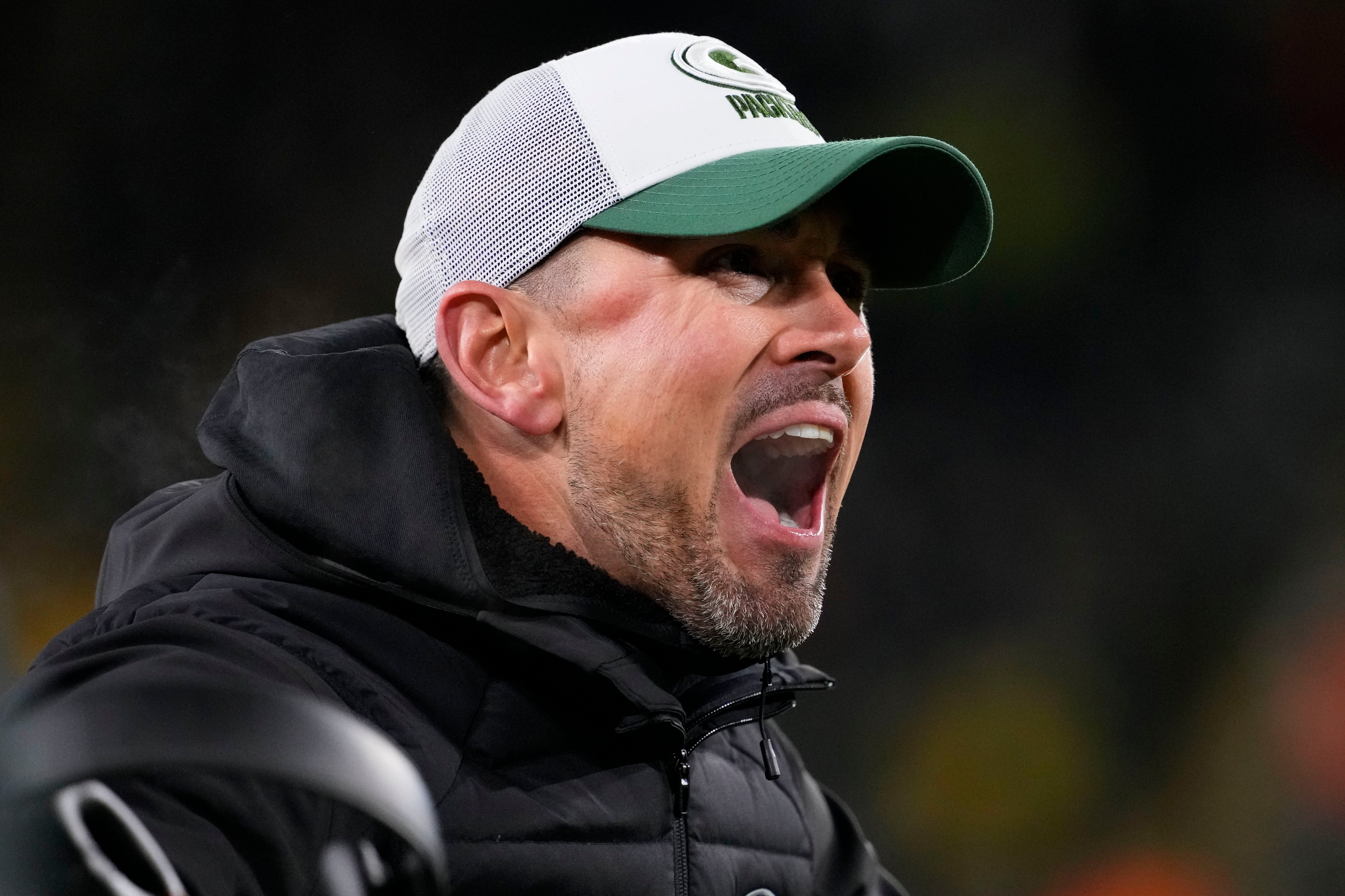 Green Bay Packers head coach Matt LaFleur reacts to a call during the fourth quarter against the Miami Dolphins at Lambeau Field.