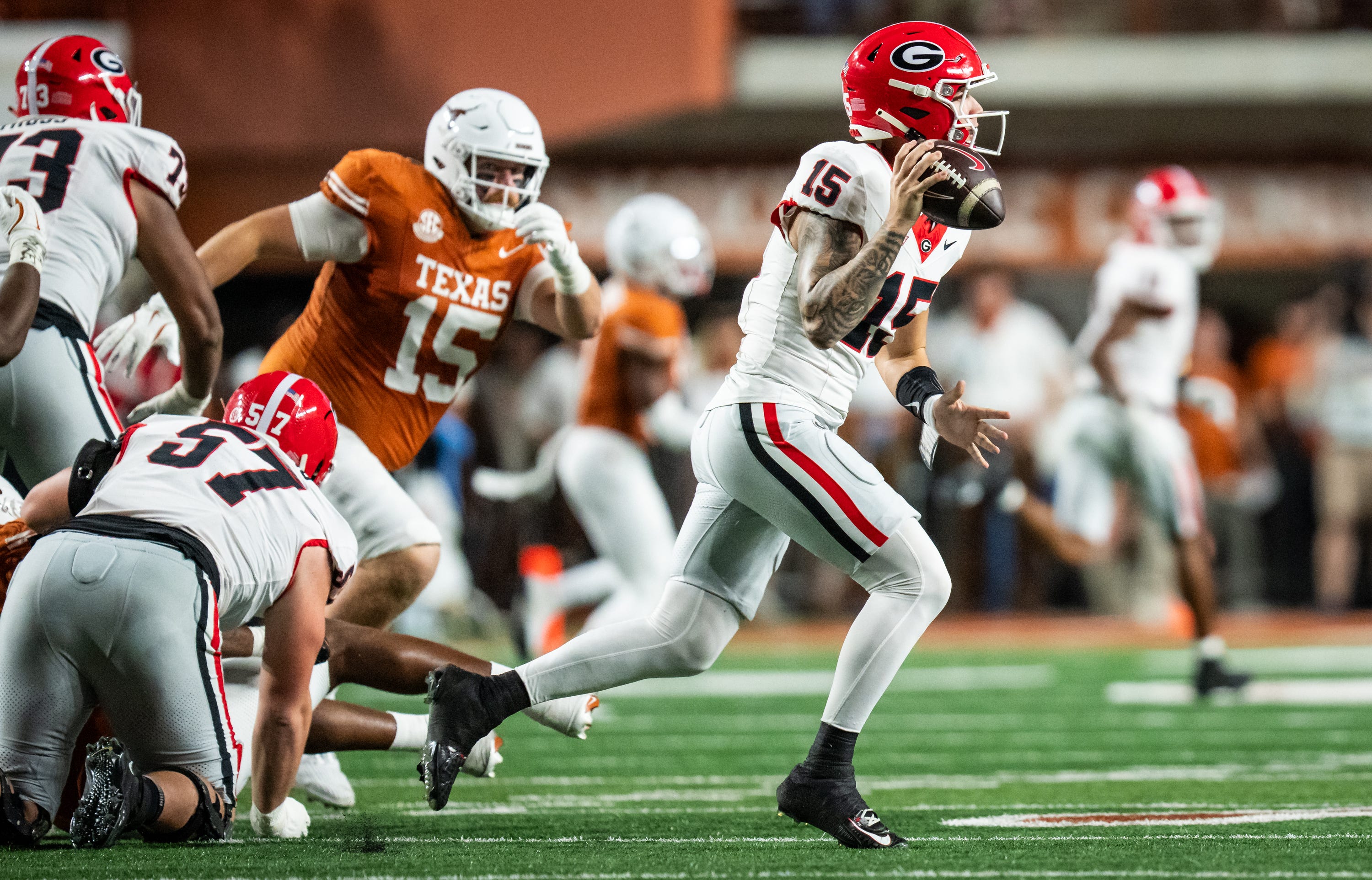 Georgia Bulldogs quarterback Carson Beck (15) looks for a pass in the second quarter of the Longhorns' game against the Georgia Bulldogs at Darrell K. Royal Texas Memorial Stadium in Austin, Oct. 19.