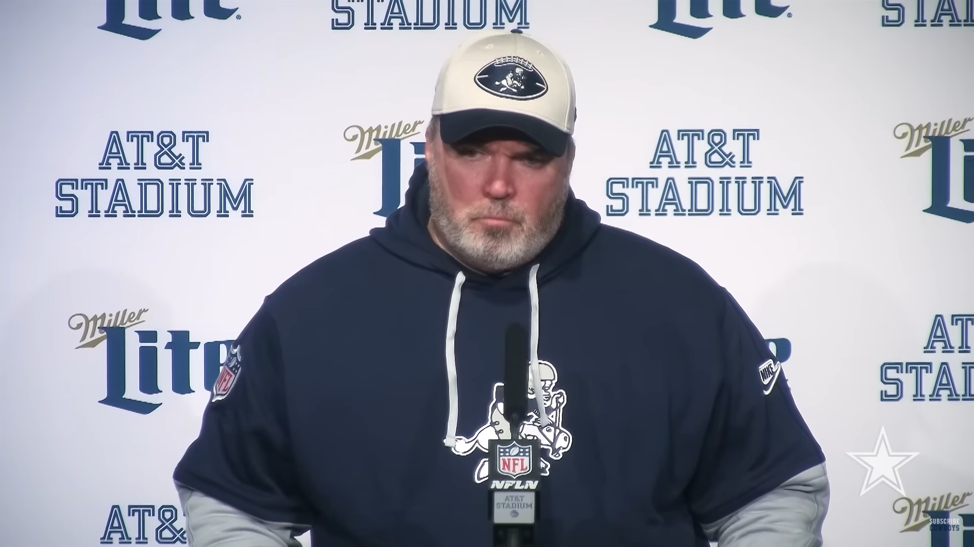 Dallas Cowboys HC Mike McCarthy talks to reporters postgame after beating New York Giants.