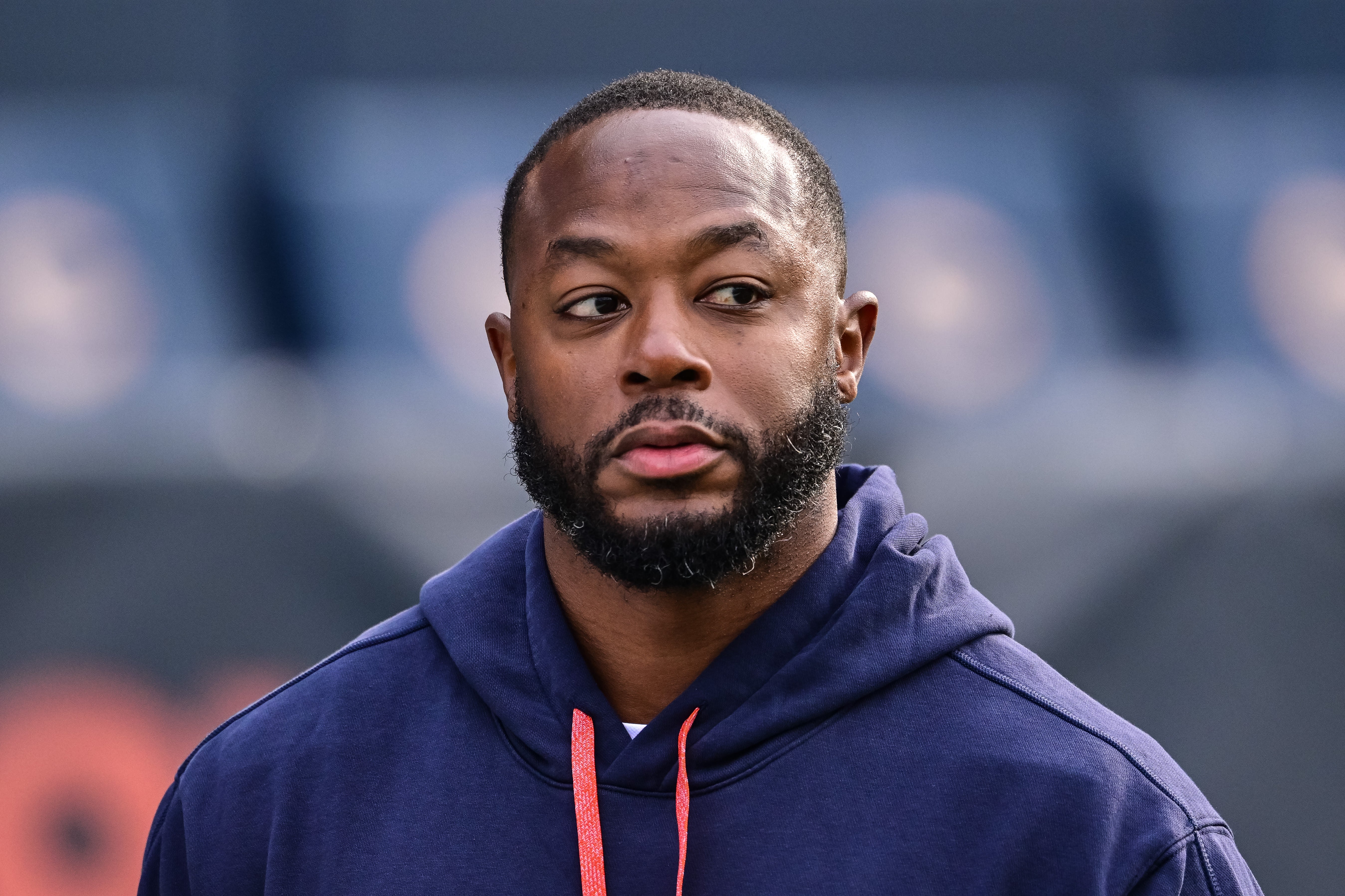 Nov 17, 2024; Chicago, Illinois, USA; Chicago Bears offensive coordinator Thomas Brown looks on before the game against the Green Bay Packers at Soldier Field.