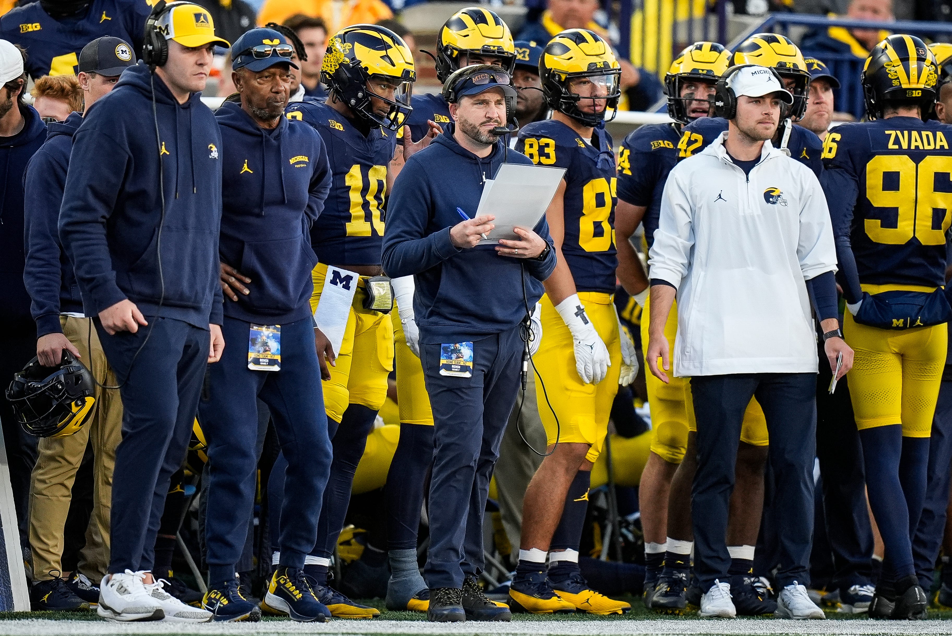 Michigan offensive coordinator Kirk Campbell watches a play against Oregon during the second half at Michigan Stadium in Ann Arbor on Saturday, Nov. 2, 2024.