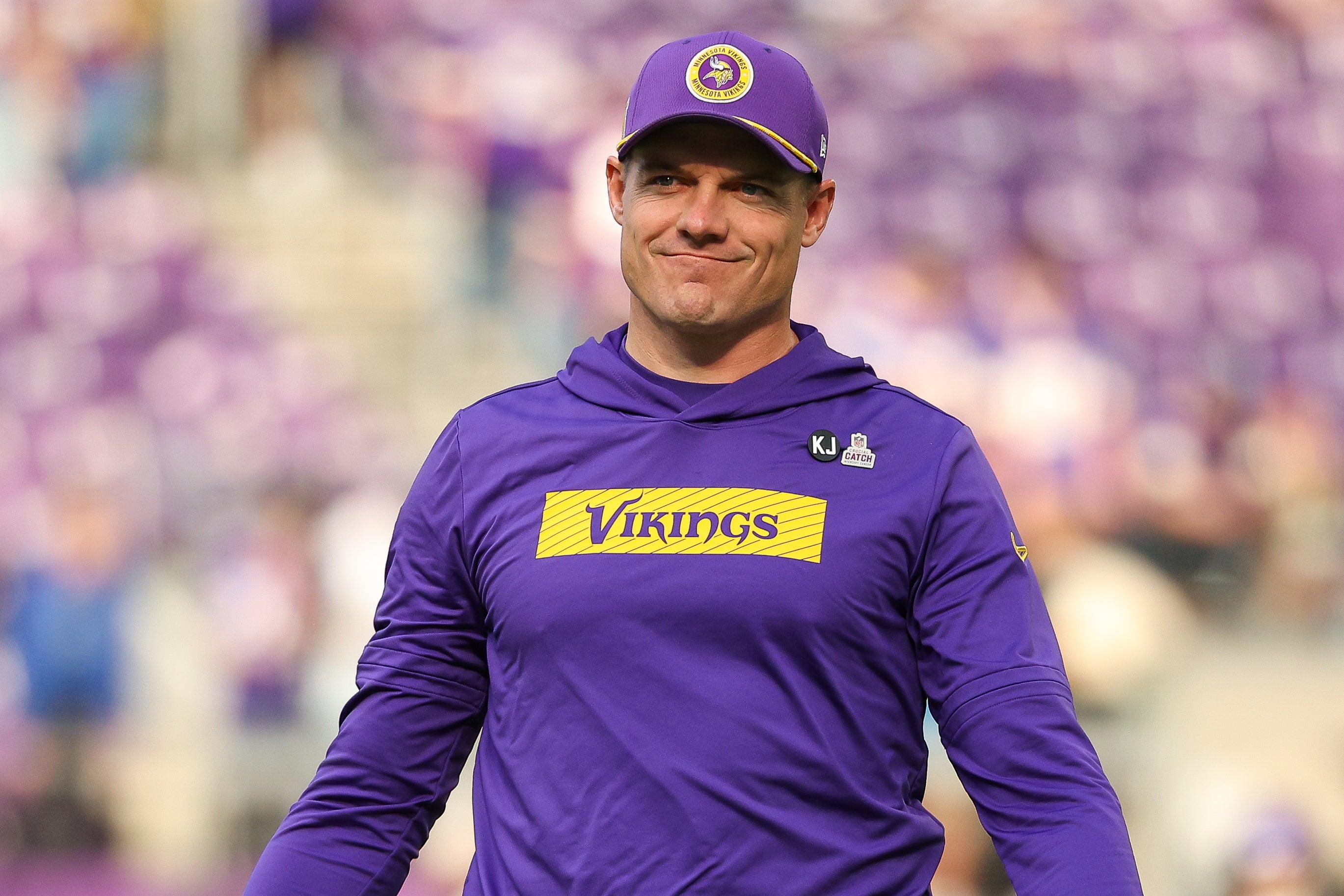 Oct 20, 2024; Minneapolis, Minnesota, USA; Minnesota Vikings head coach Kevin O'Connell looks on before the game against the Detroit Lions at U.S. Bank Stadium.