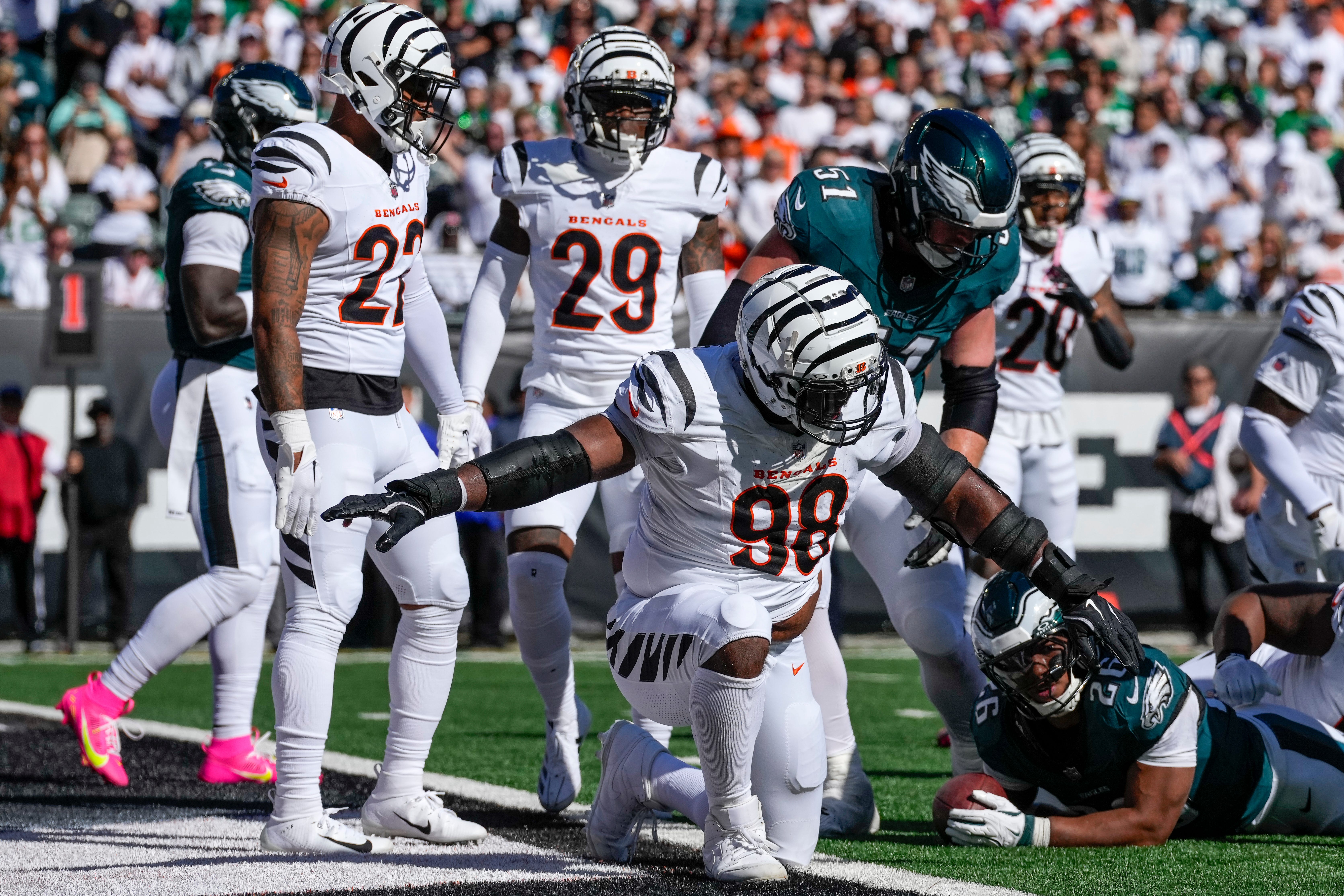 Cincinnati Bengals defensive tackle Sheldon Rankins (98) after stopping a run on the goal line in the second quarter of the NFL Week 8 game between the Cincinnati Bengals and the Philadelphia Eagles at Paycor Stadium in downtown Cincinnati on Sunday, Oct. 27, 2024.