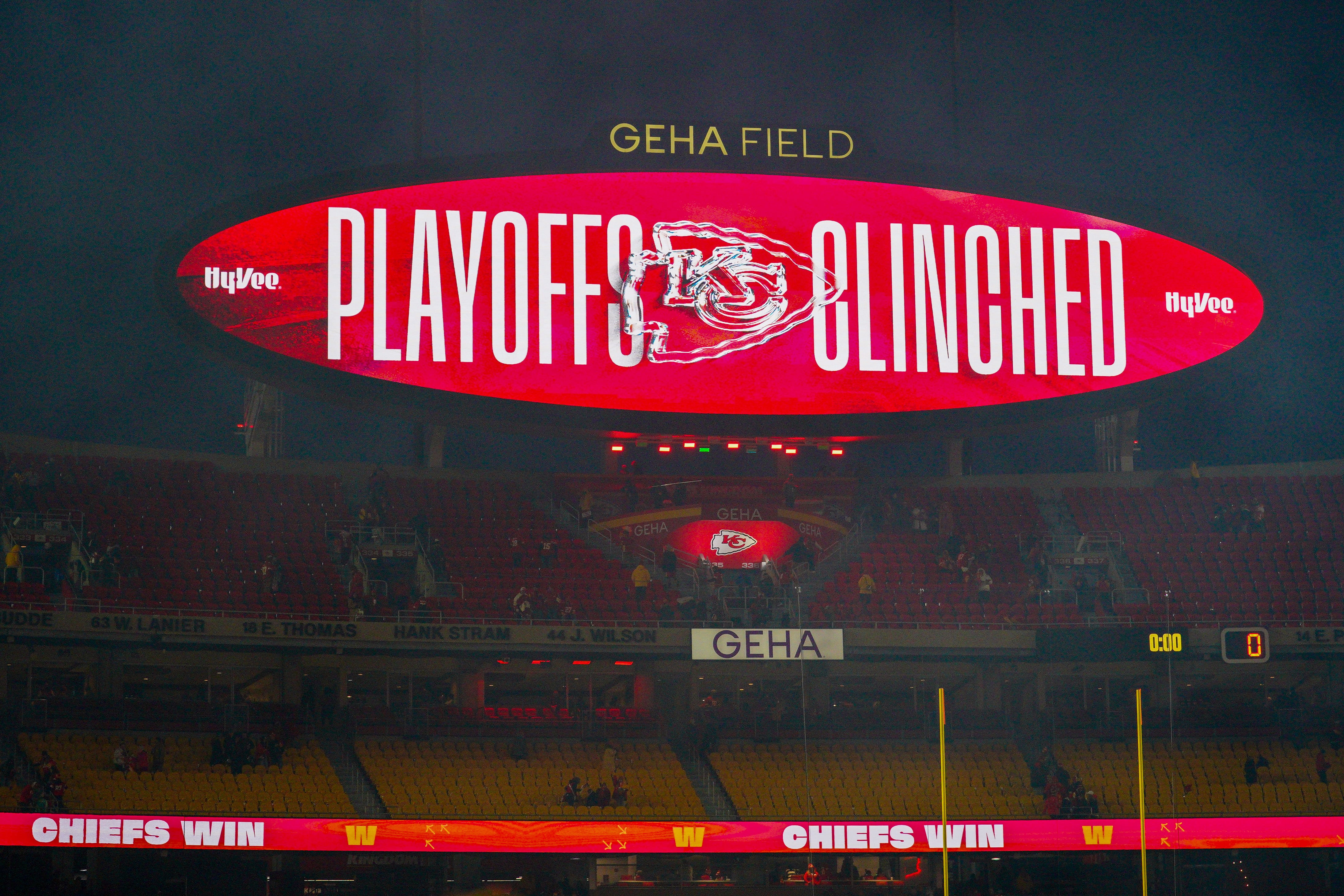 Nov 29, 2024; Kansas City, Missouri, USA; A general view of the scoreboard after the Kansas City Chiefs defeat the Las Vegas Raiders at GEHA Field at Arrowhead Stadium.