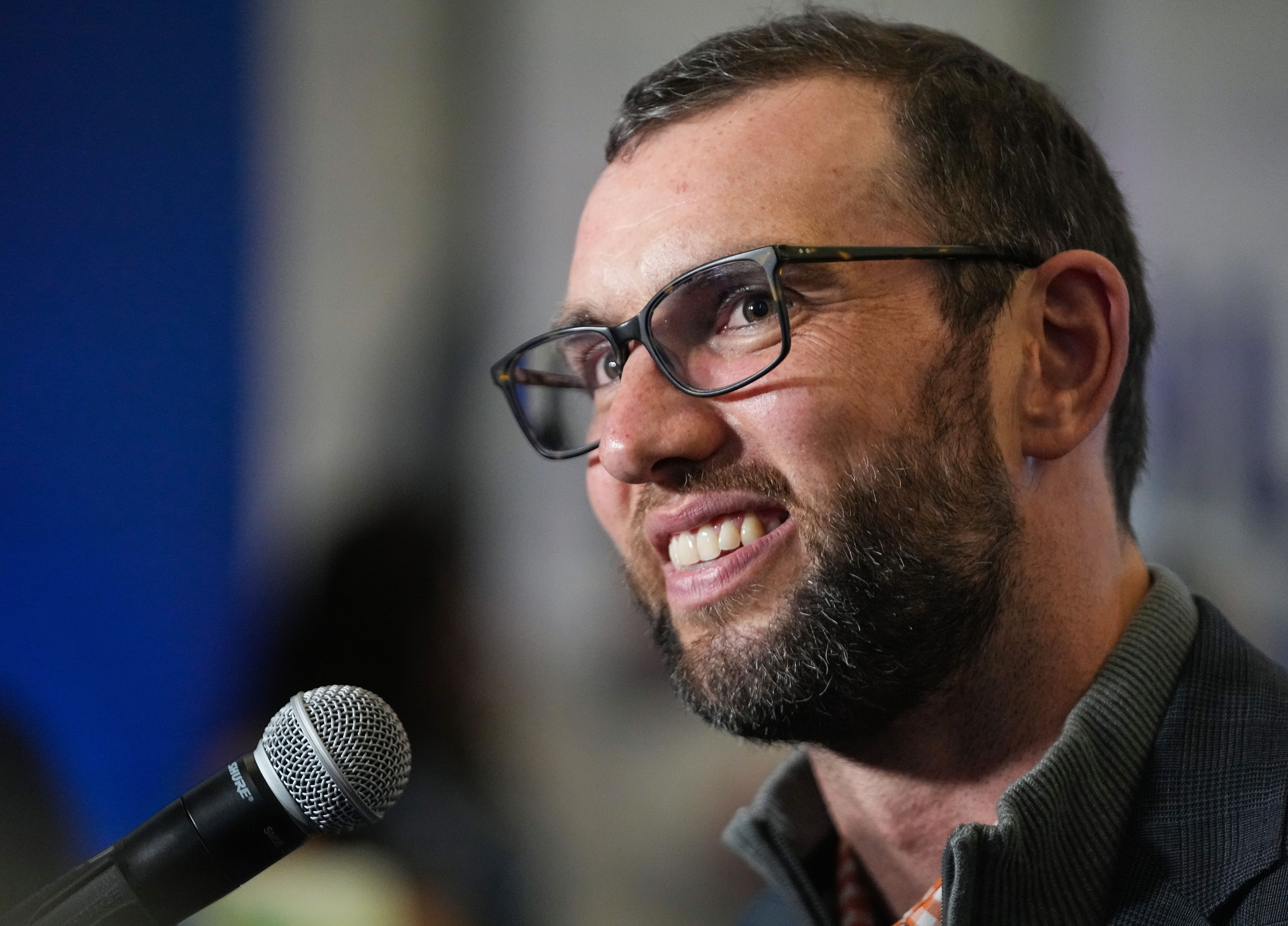 Former Colts quarterback Andrew Luck is interviewed Friday, April 12, 2024, during the Chuckstrong Tailgate Gala at the Colts Practice Facility in Indianapolis.