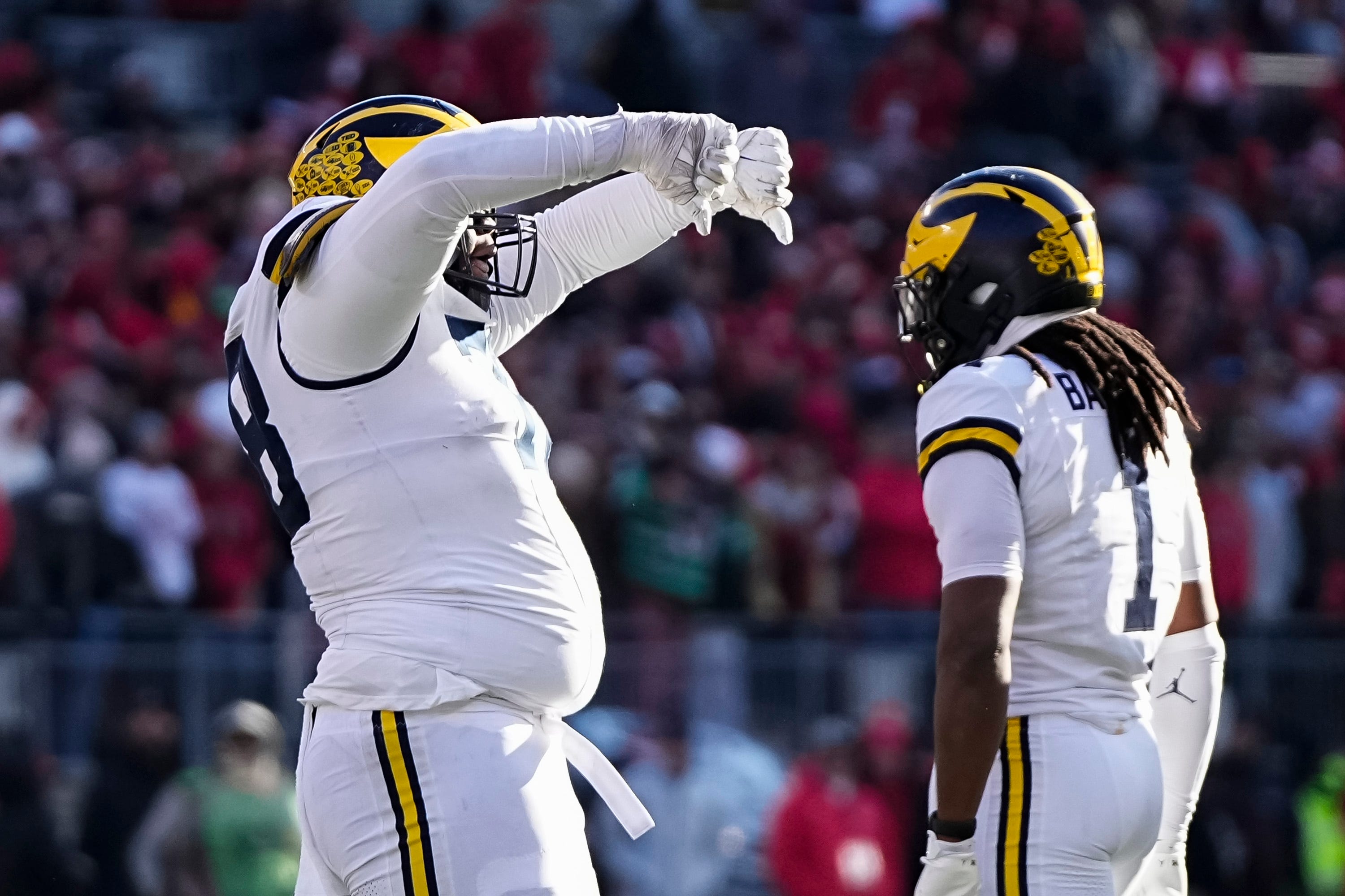 Michigan Wolverines defensive lineman Kenneth Grant (78) reacts during the second half of the NCAA football game against the Ohio State Buckeyes at Ohio Stadium in Columbus on Saturday, Nov. 30, 2024. Michigan won 13-10.