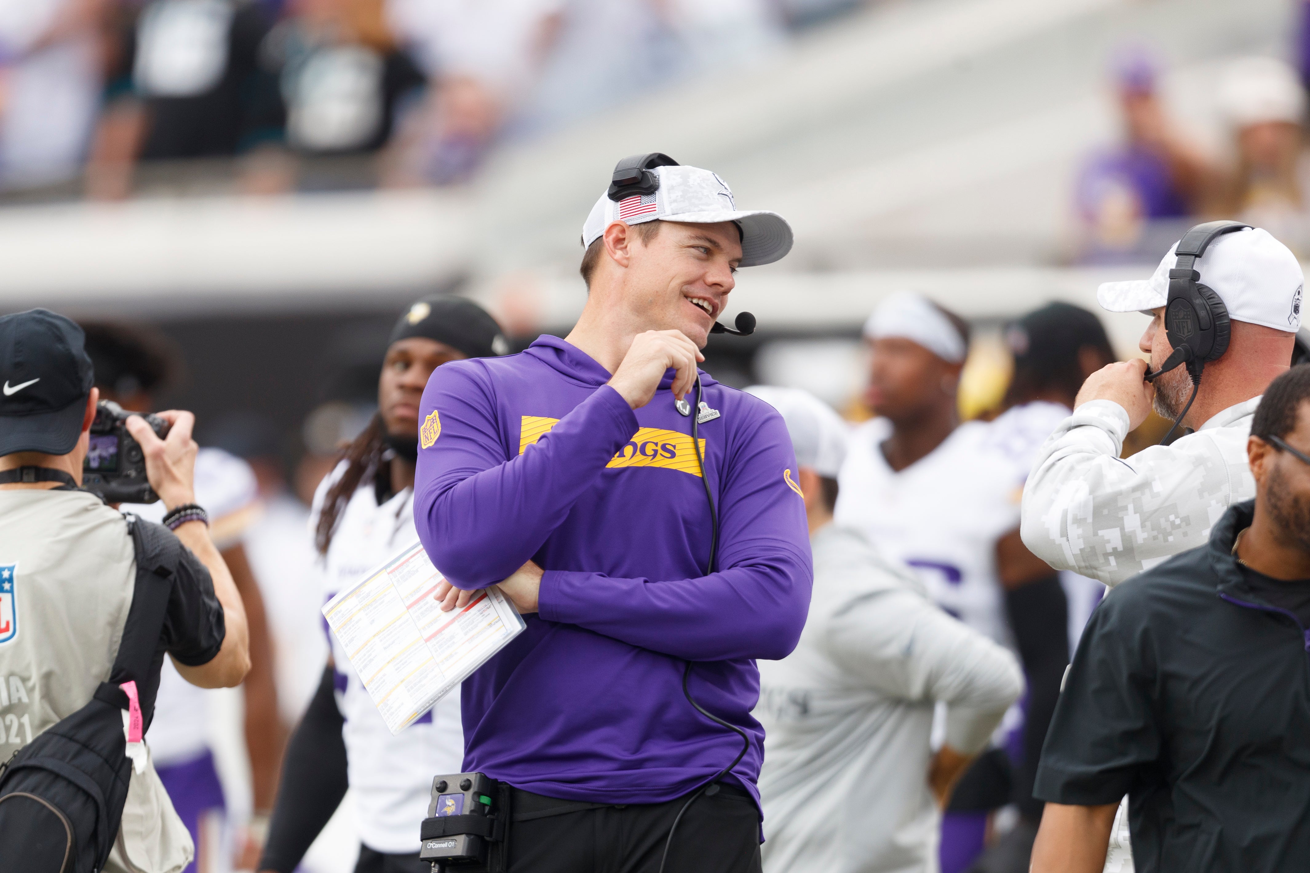 Nov 10, 2024; Jacksonville, Florida, USA; Minnesota Vikings head coach Kevin O'Connell before the game against the Jacksonville Jaguars at EverBank Stadium.