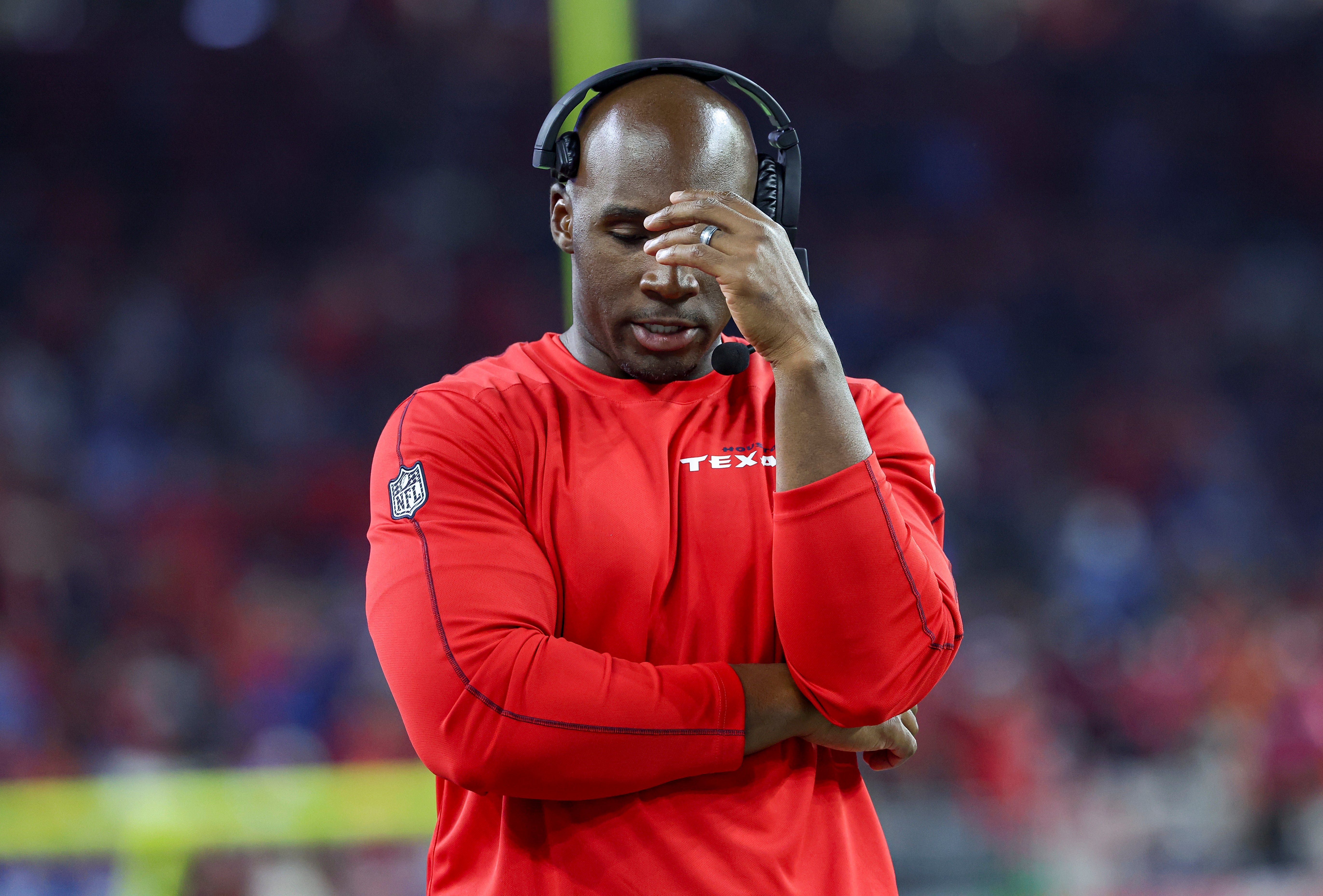 Nov 10, 2024; Houston, Texas, USA; Houston Texans head coach DeMeco Ryans reacts during the third quarter against the Detroit Lions at NRG Stadium.