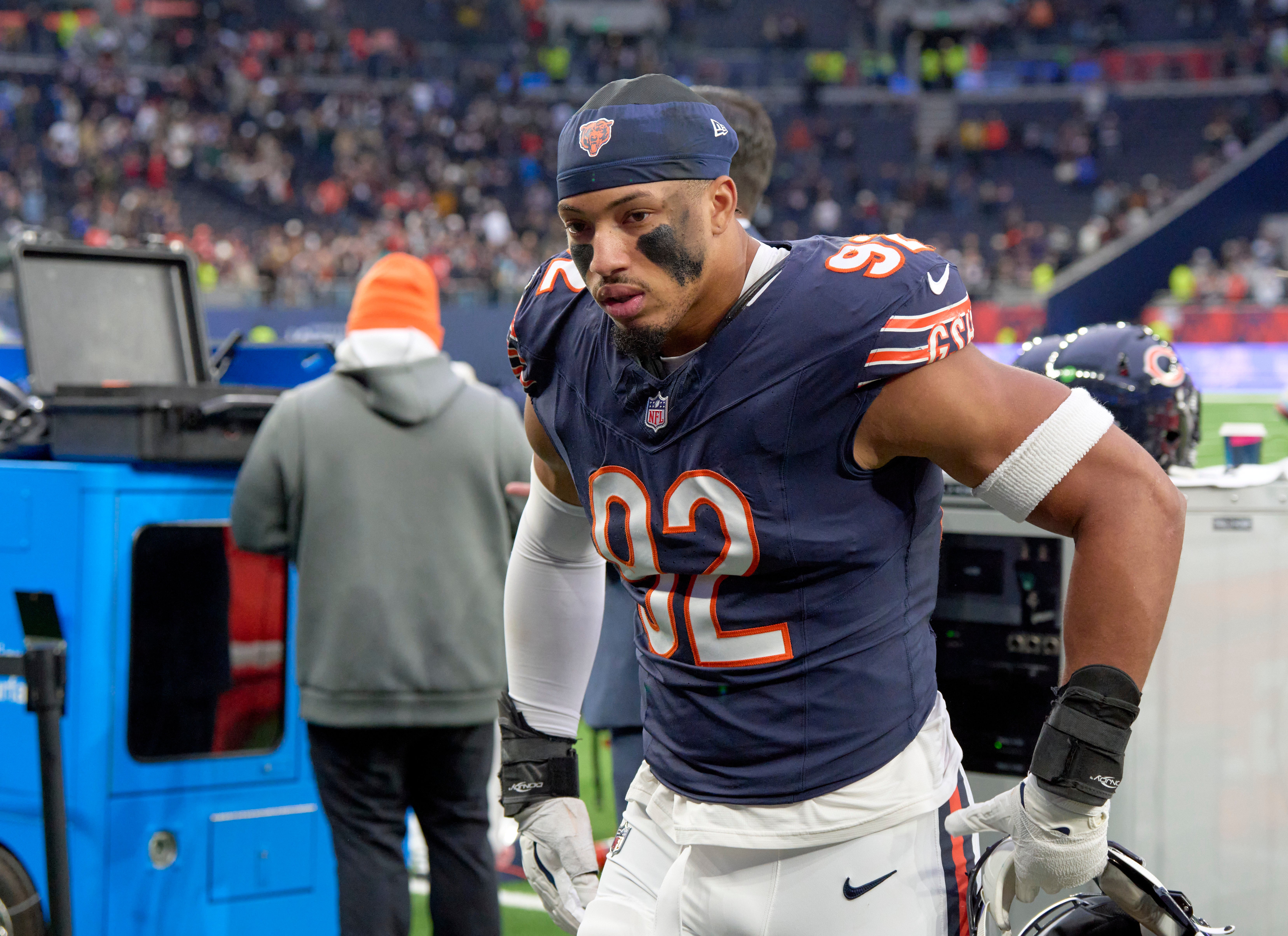 Chicago Bears defensive end Daniel Hardy (92) after an NFL International Series game at Tottenham Hotspur Stadium.