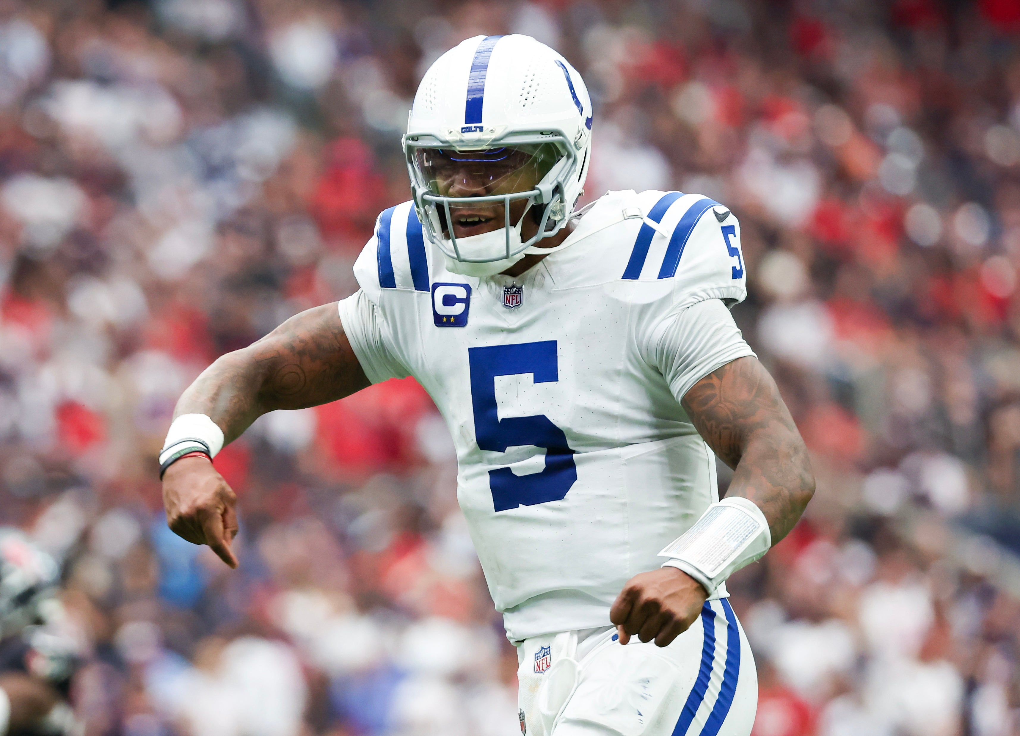 Oct 27, 2024; Houston, Texas, USA; Indianapolis Colts quarterback Anthony Richardson (5) reacts after throwing a touchdown pass against the Houston Texans in the second half at NRG Stadium. The touchdown was called back.