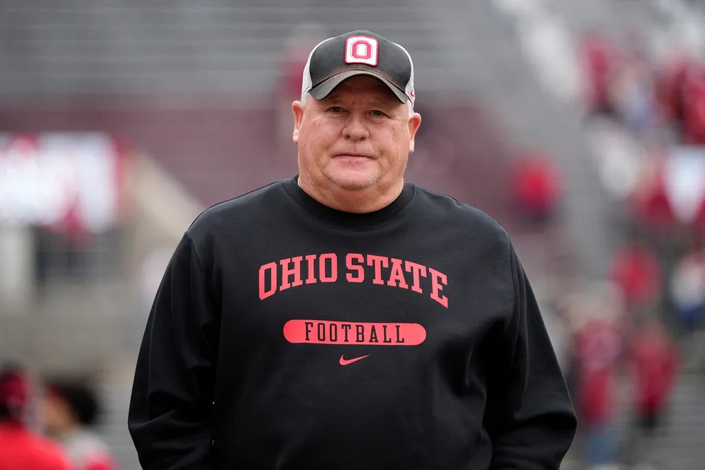 Ohio State Buckeyes offensive coordinator Chip Kelly watches warm ups prior to the NCAA football game against the Indiana Hoosiers at Ohio Stadium in Columbus on Saturday, Nov. 23, 2024