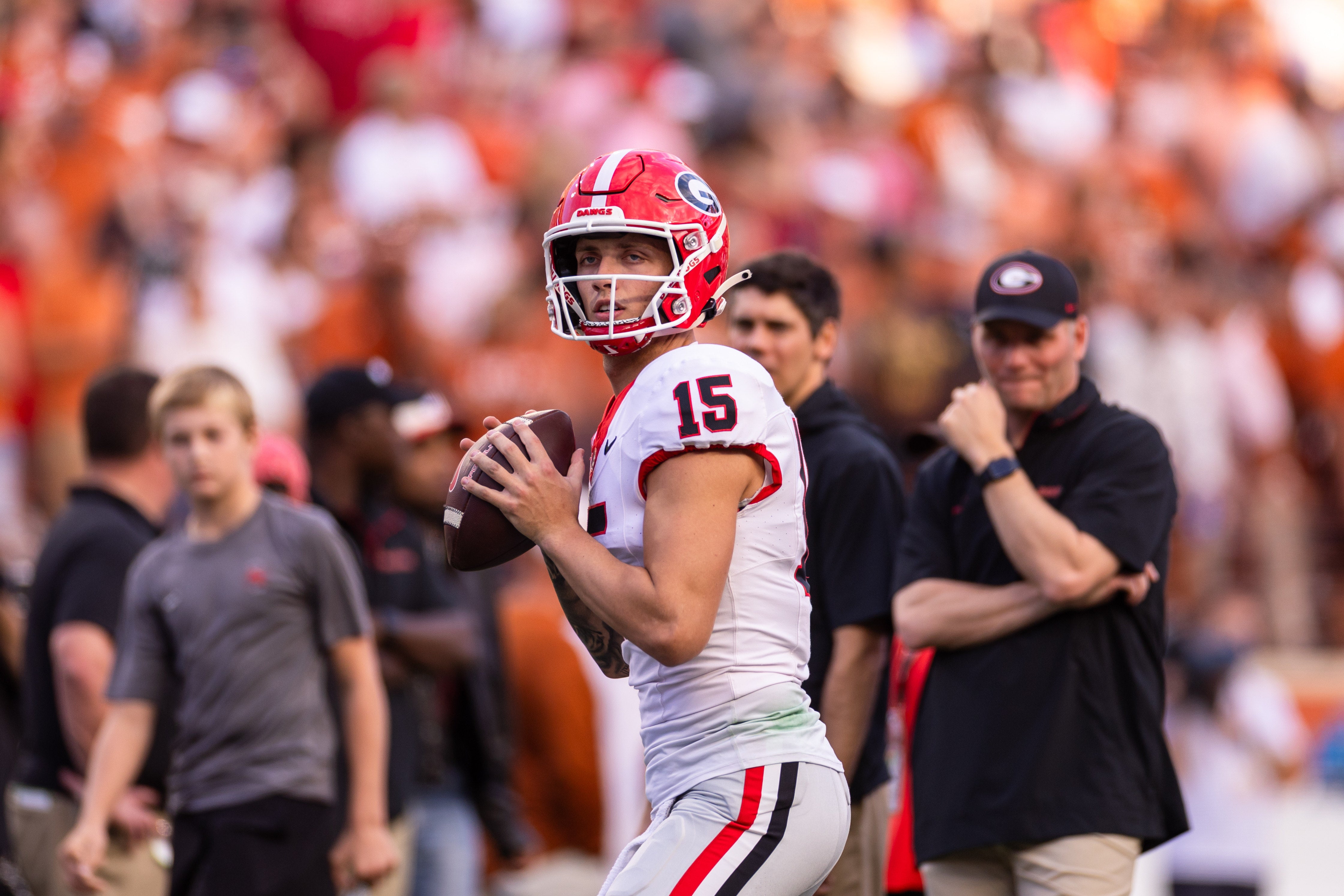 Georgia Bulldogs quarterback Carson Beck (15) warms up at Darrell K Royal-Texas Memorial Stadium.