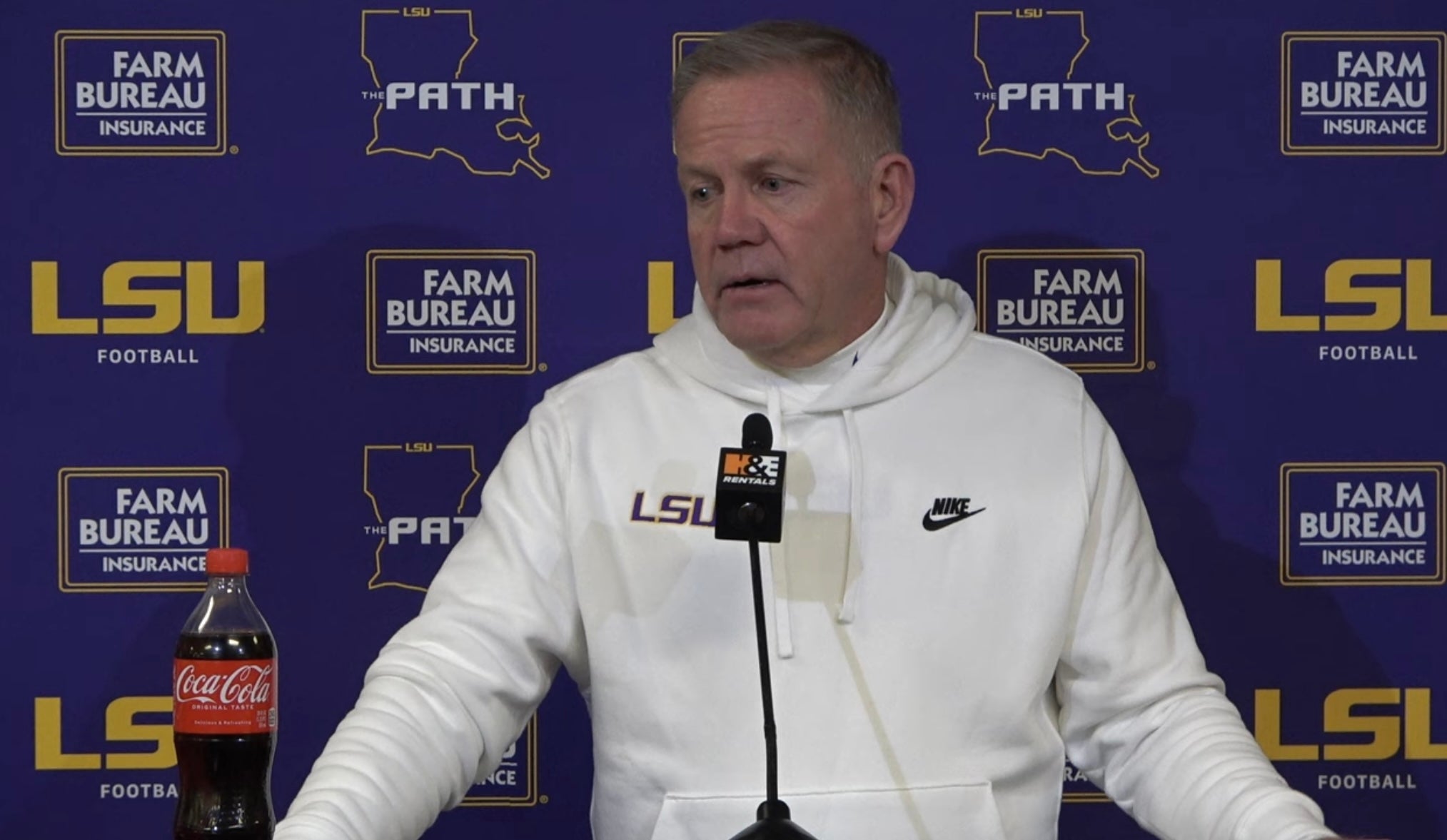 LSU HC Brian Kelly talks to the media following their victory over Oklahoma